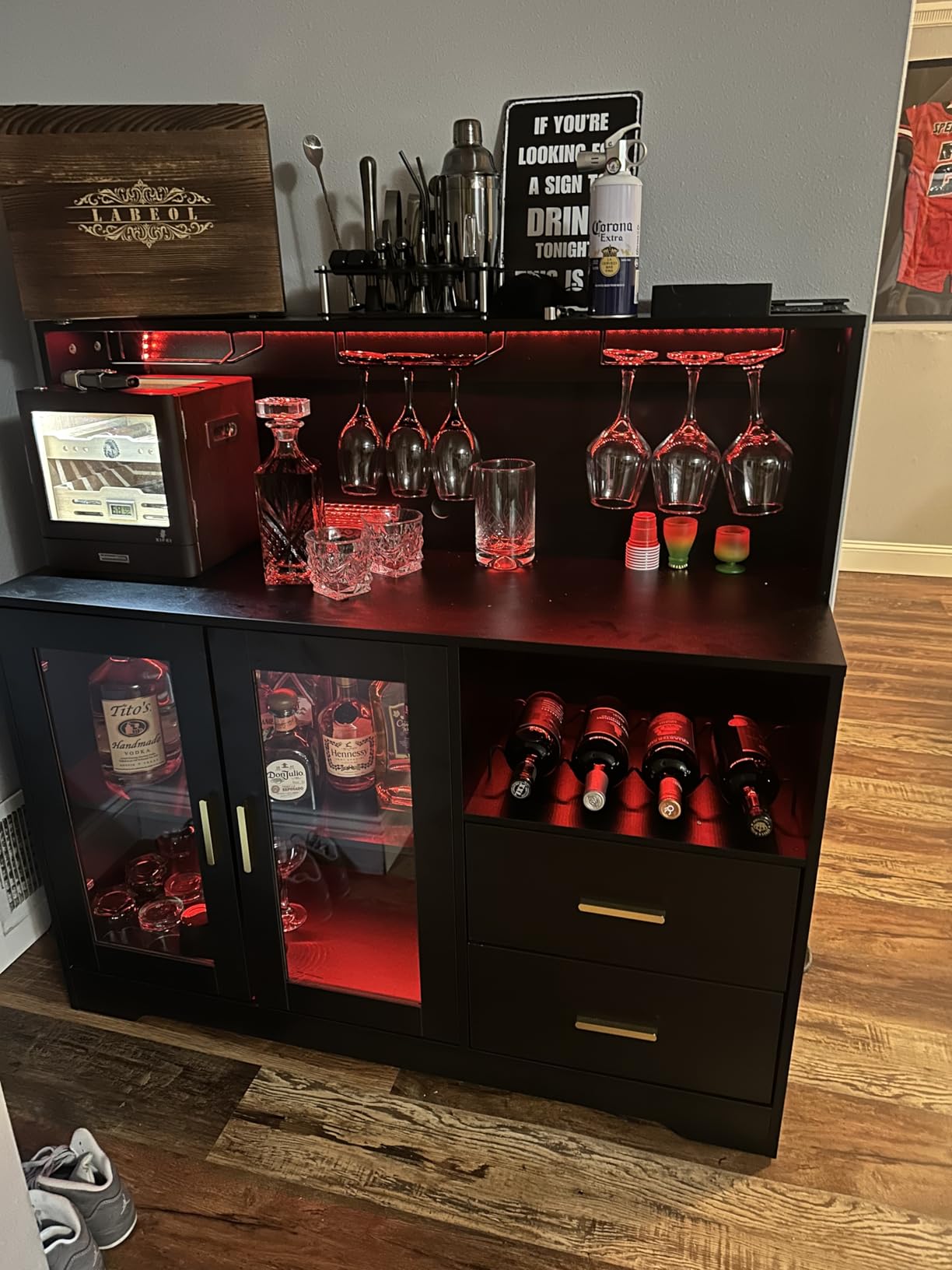 Bar Cabinet for Home with LED Light, Coffee Bar Cabinet w/ Wine & Glass Rack | Wine Cabinets with Drawers & Microwave Stand, Modern Liquor Cabinets for Kitchen, Living Room, Dining Room (Black) customer photo 2