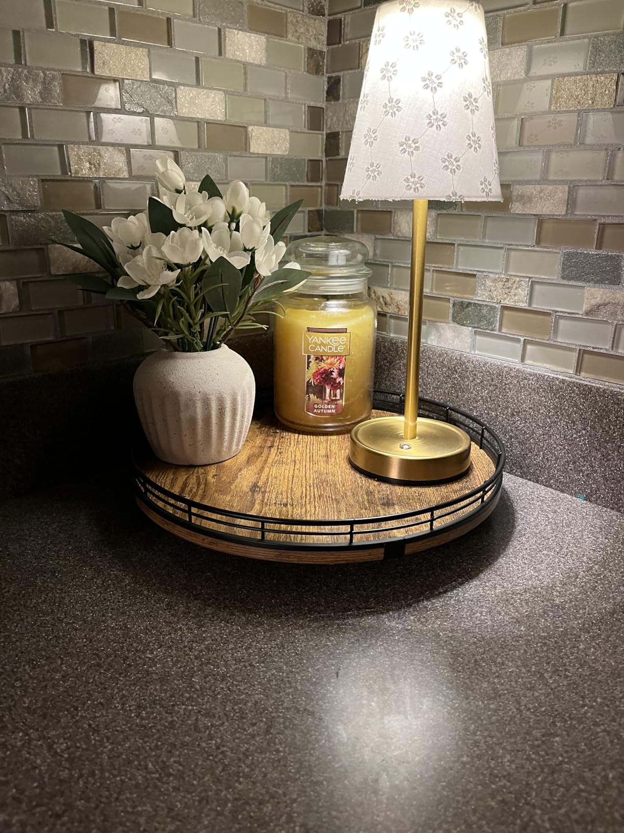 Lazy Susan Turntable Organizer for Table Top, 12'' Round Wooden Lazy Susan for Cabinet Kitchen Countertop Pantry Dining Coffee Table for Condiments Spices, Rustic Bathroom Vanity Tray for Soap Candle customer photo 2