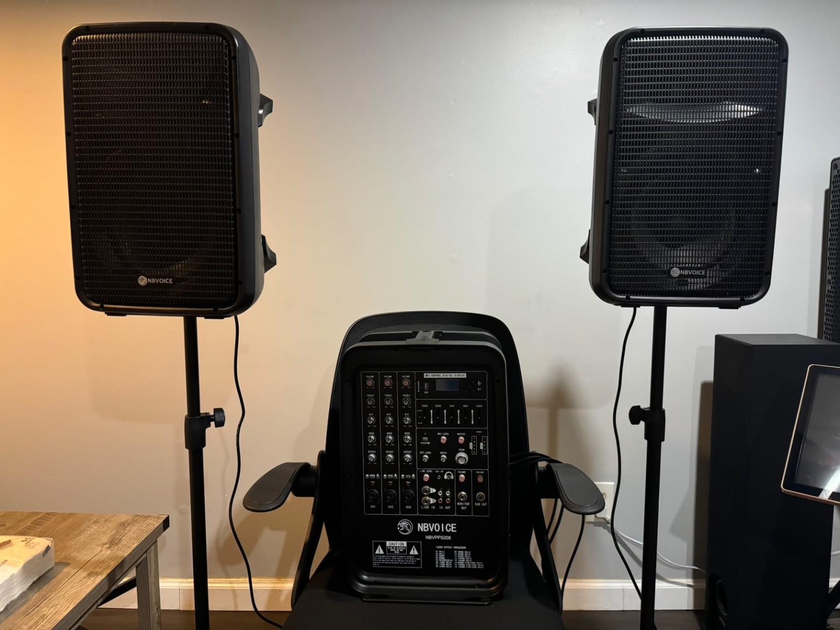 NBVOICE Professional Portable All-in-One Integrated 2-Way PA System Fixed Setup, Suitcase Design w/ 8-Channel Mixer, 2 Speaker Stands, Bluetooth, Mic for Performances, Presentations customer photo 1