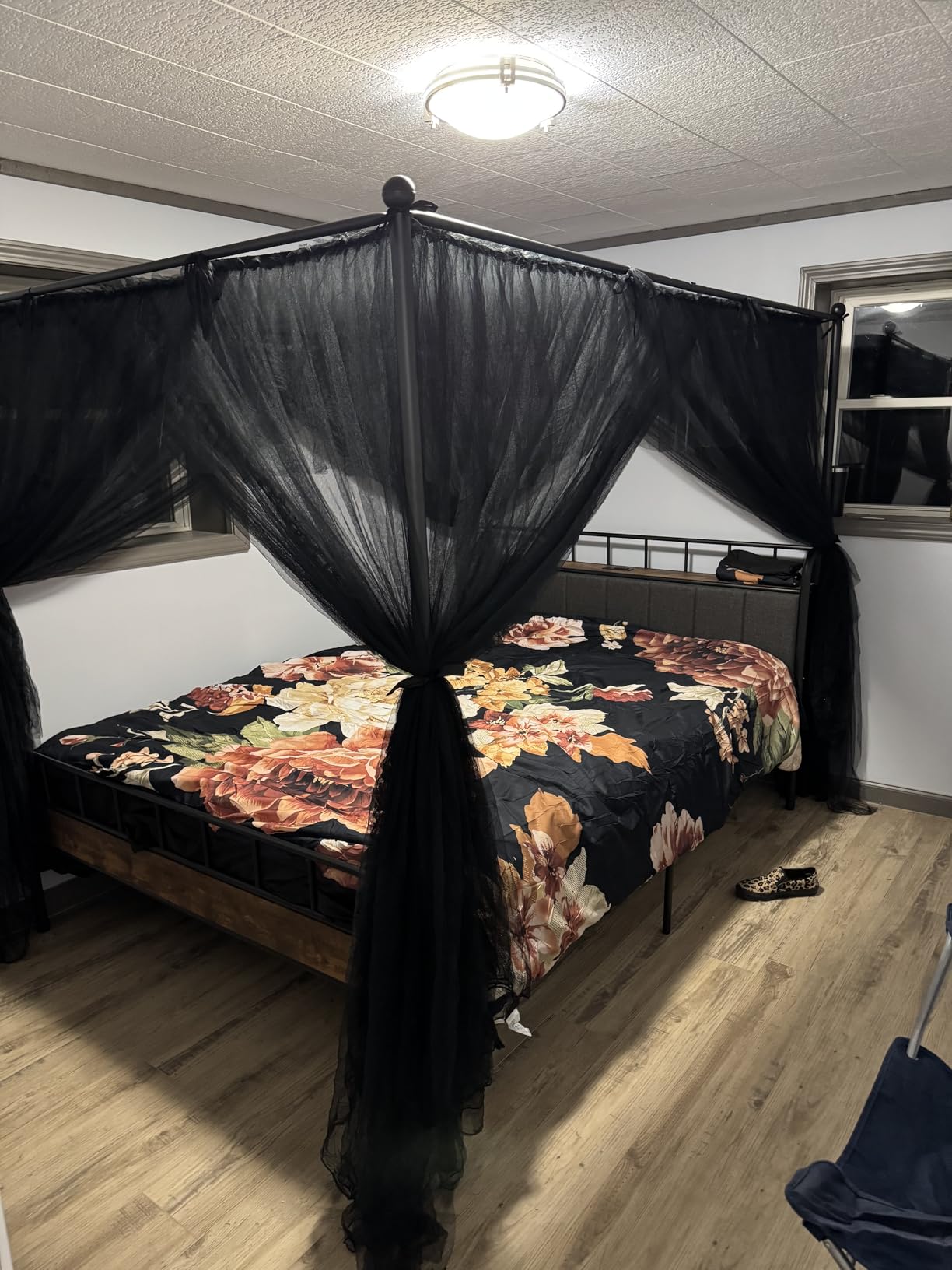 LIKIMIO Canopy Bed Frame Queen, Storage Headboard with Charging Station, Platform Bed with 4 Removable Sturdy Posts, Noise Free, No Box Spring Needed, Vintage Brown customer photo 2