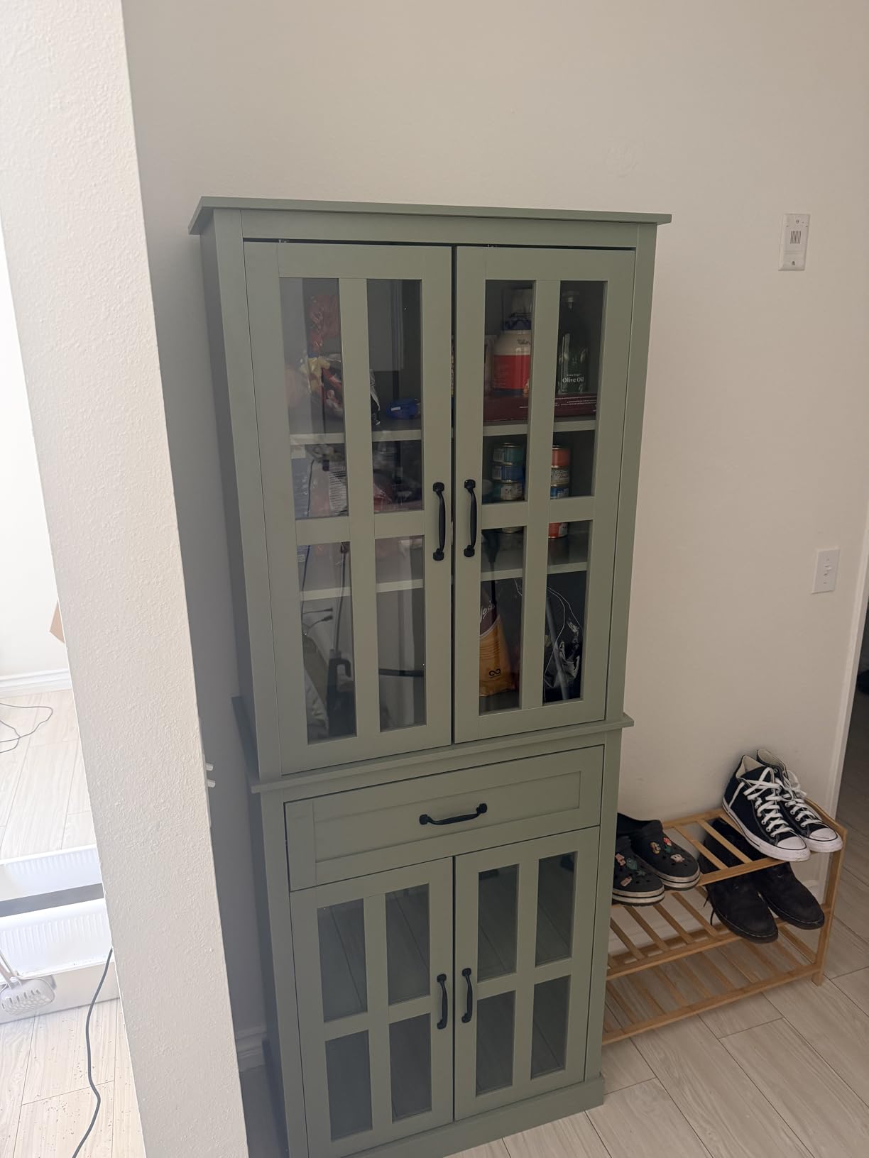 FOTOSOK 71'' Tall Kitchen Cabinet with Glass Doors and Drawer | Freestanding Food Pantry with Adjustable Shelves for Dining, Living Room, Natural customer photo 1