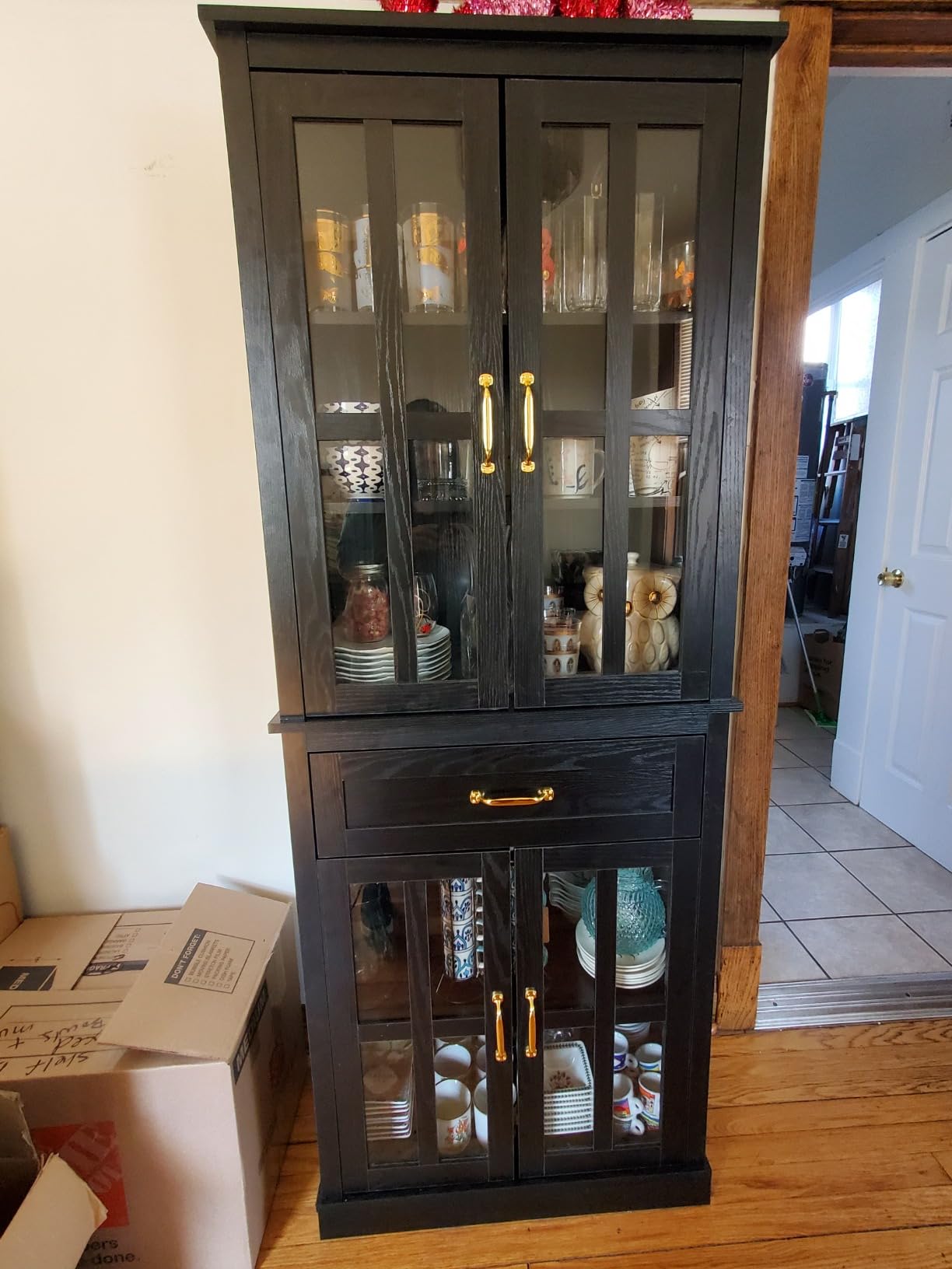 FOTOSOK 71'' Tall Kitchen Cabinet with Glass Doors and Drawer | Freestanding Food Pantry with Adjustable Shelves for Dining, Living Room, Natural customer photo 2