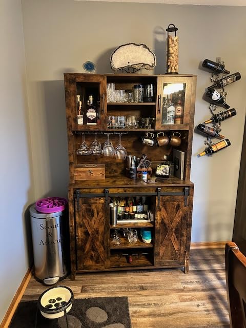 IDEALHOUSE 70'' Wine Coffee Bar Cabinet with Storage Hutch, Tall Kitchen Pantry Liquor Cabinet with Sliding Barn Doors, Bottle Glasses Rack, Farmhouse Buffet for Home Dining Room, Brown customer photo 1