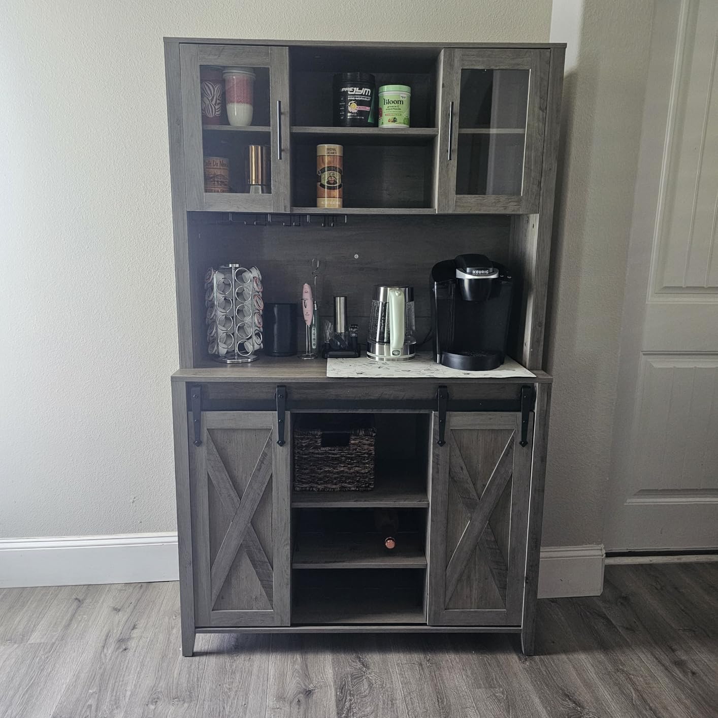 IDEALHOUSE 70'' Wine Coffee Bar Cabinet with Storage Hutch, Tall Kitchen Pantry Liquor Cabinet with Sliding Barn Doors, Bottle Glasses Rack, Farmhouse Buffet for Home Dining Room, Brown customer photo 2