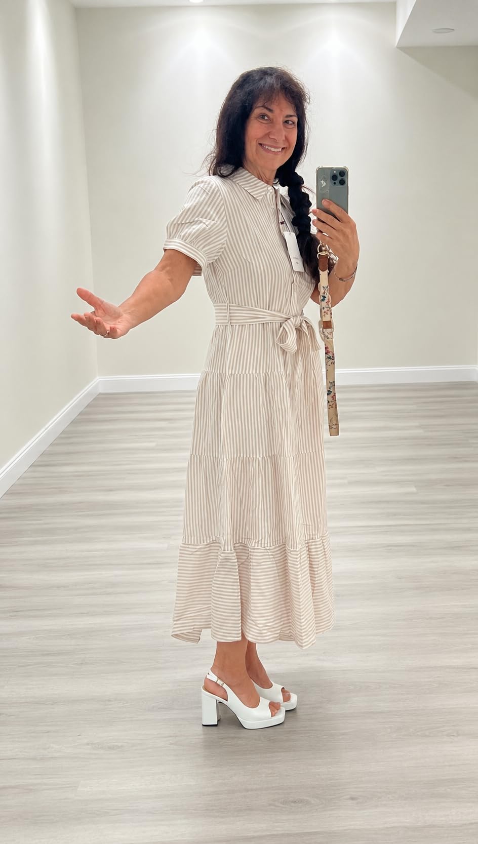 utcoco Womens Casual Short Sleeve Button Down Tie Waist Ruffled Striped Maxi Shirt Dress customer photo 1