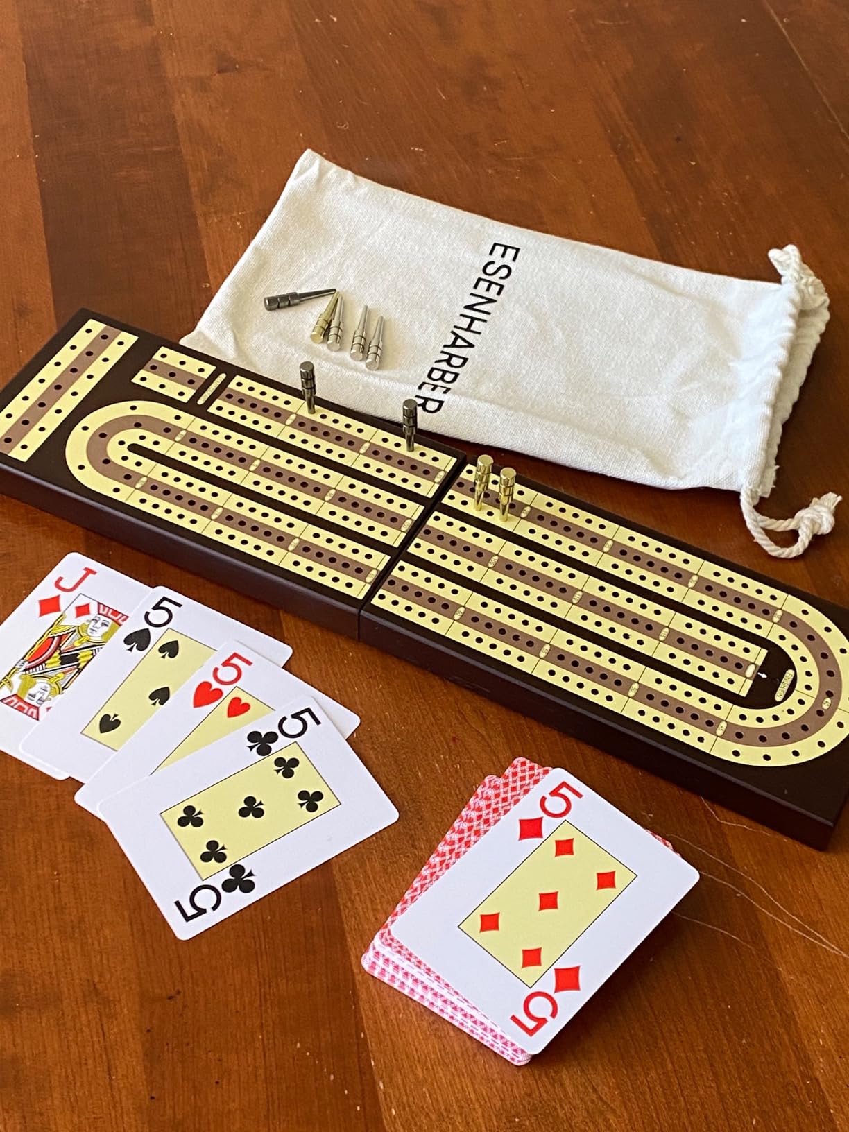 ESENHARBER Foldable Wooden Cribbage Board Set - Elegant 3-Track Design with Magnetic Closure, 9 Metal Pegs, Full Deck of Cards, Perfect for Family Game Nights and Travel customer photo 1