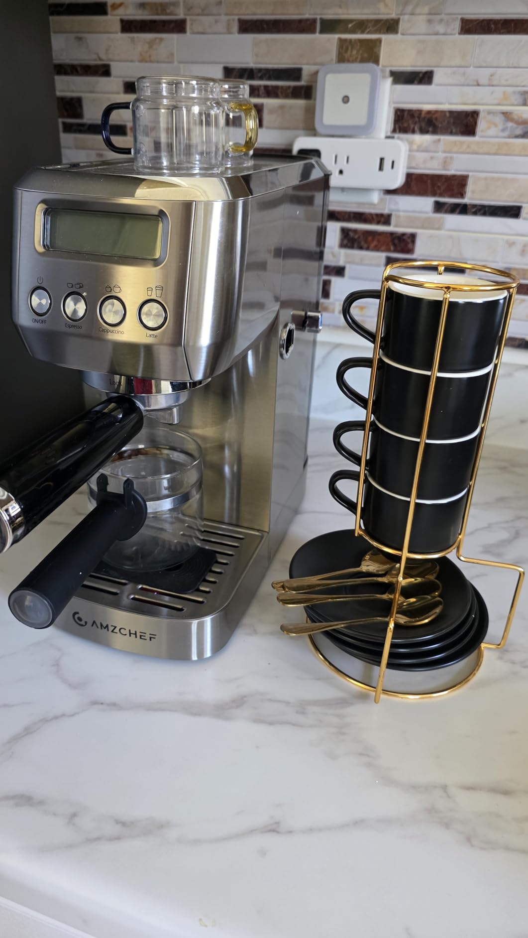 Lareina 3-Ounce Espresso Cups Set of 4, Small Stackable Coffee Cups with Saucers, Spoons and Metal Stand, Ceramic Demitasse Mugs, Espresso Accessories for Machine, Black customer photo 2