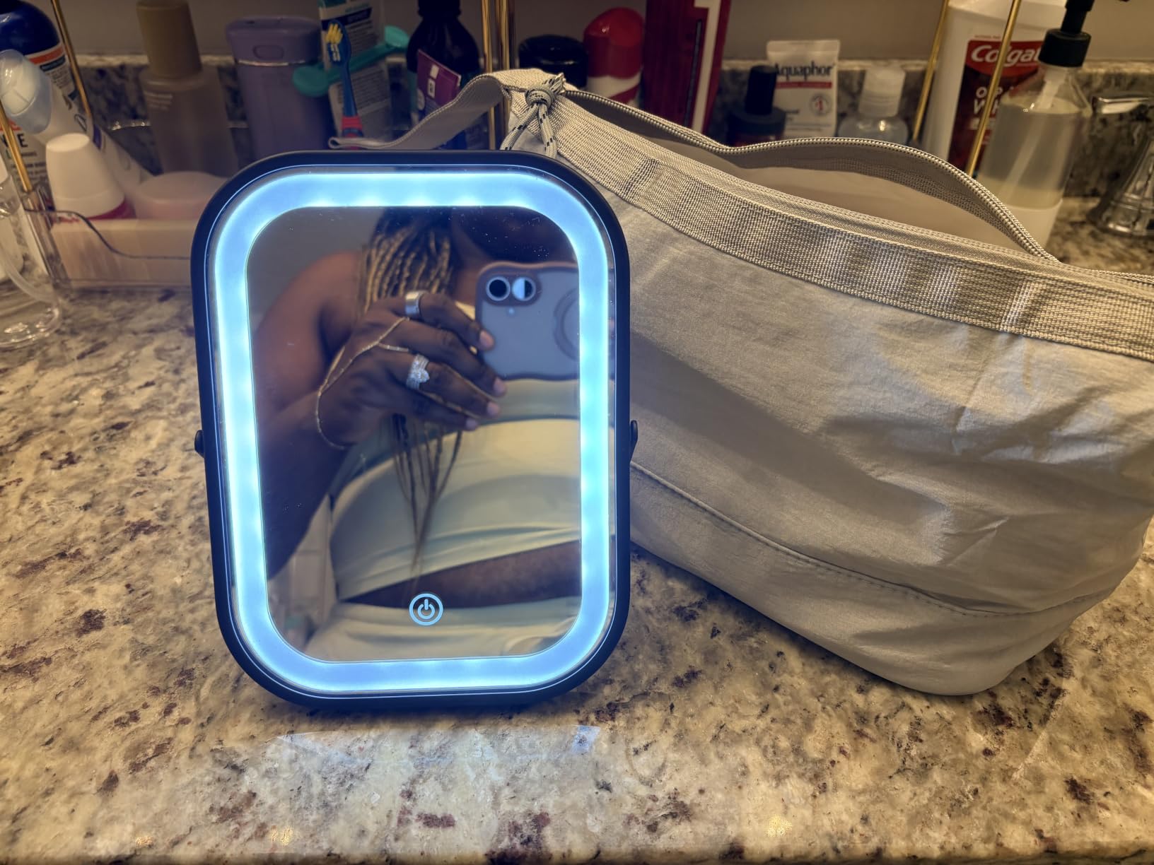 YEKKOPT Travel Makeup Mirror with Lights, Portable Small Beauty LED Vanity Mirror with Lights, 1200mAh Battery, Dimmable Touch Screen, Tabletop Folding Compact Mirror, Women Gift customer photo 1