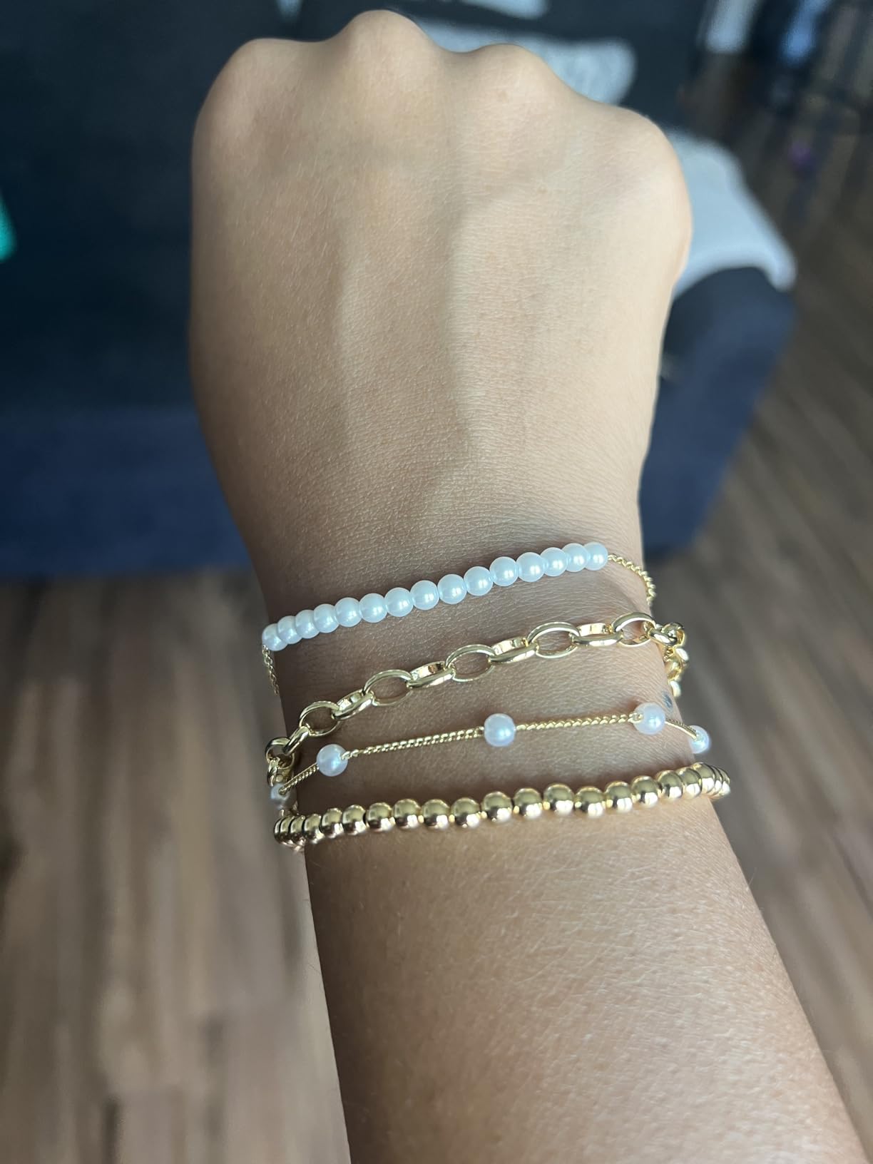 Zeffy Gold Pearl Beaded Bracelet for Women, 14K Gold Plated Jewelry Set With Paperclip Link Chain, Trendy Stack Bracelets customer photo 1