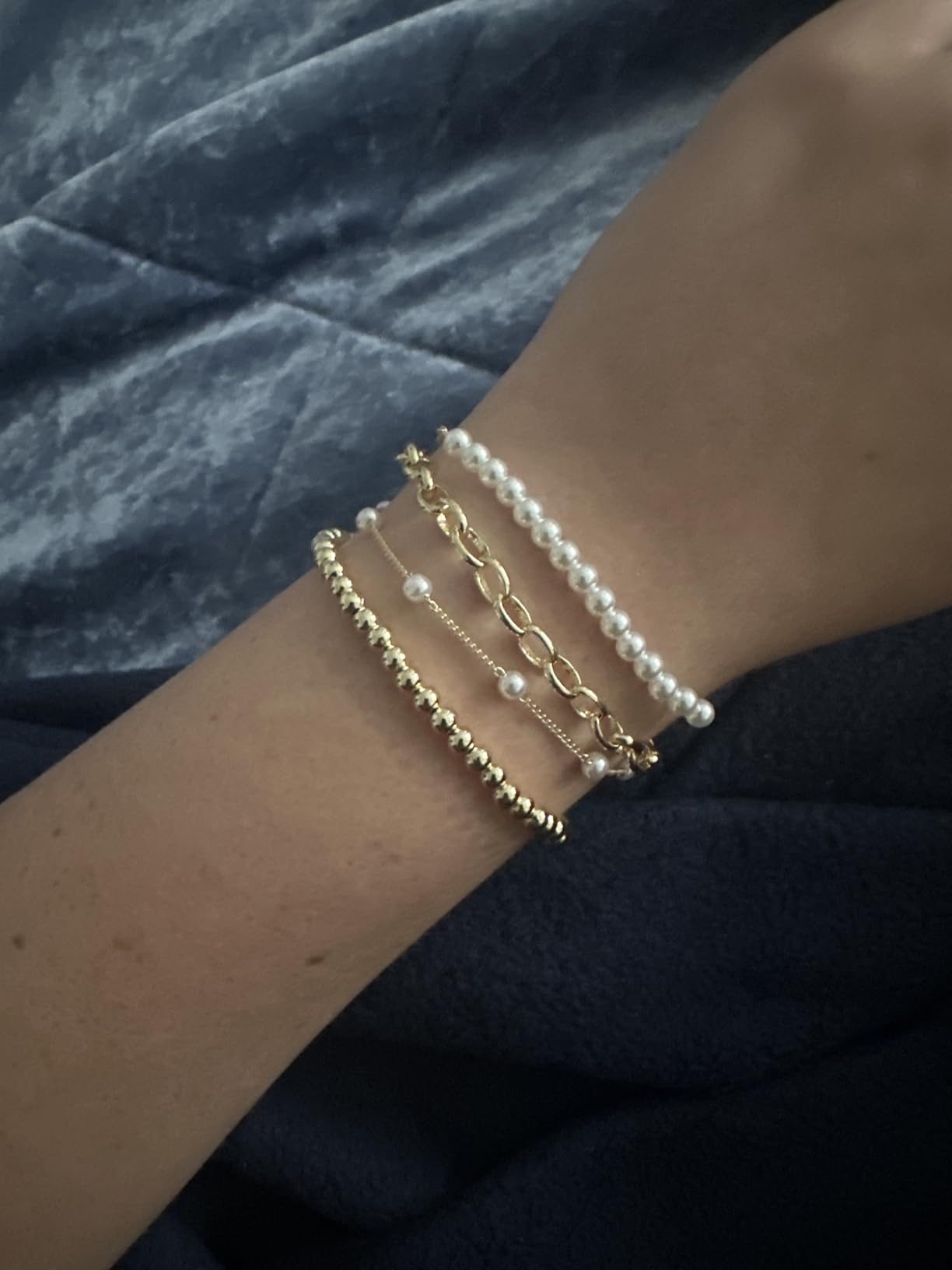 Zeffy Gold Pearl Beaded Bracelet for Women, 14K Gold Plated Jewelry Set With Paperclip Link Chain, Trendy Stack Bracelets customer photo 2