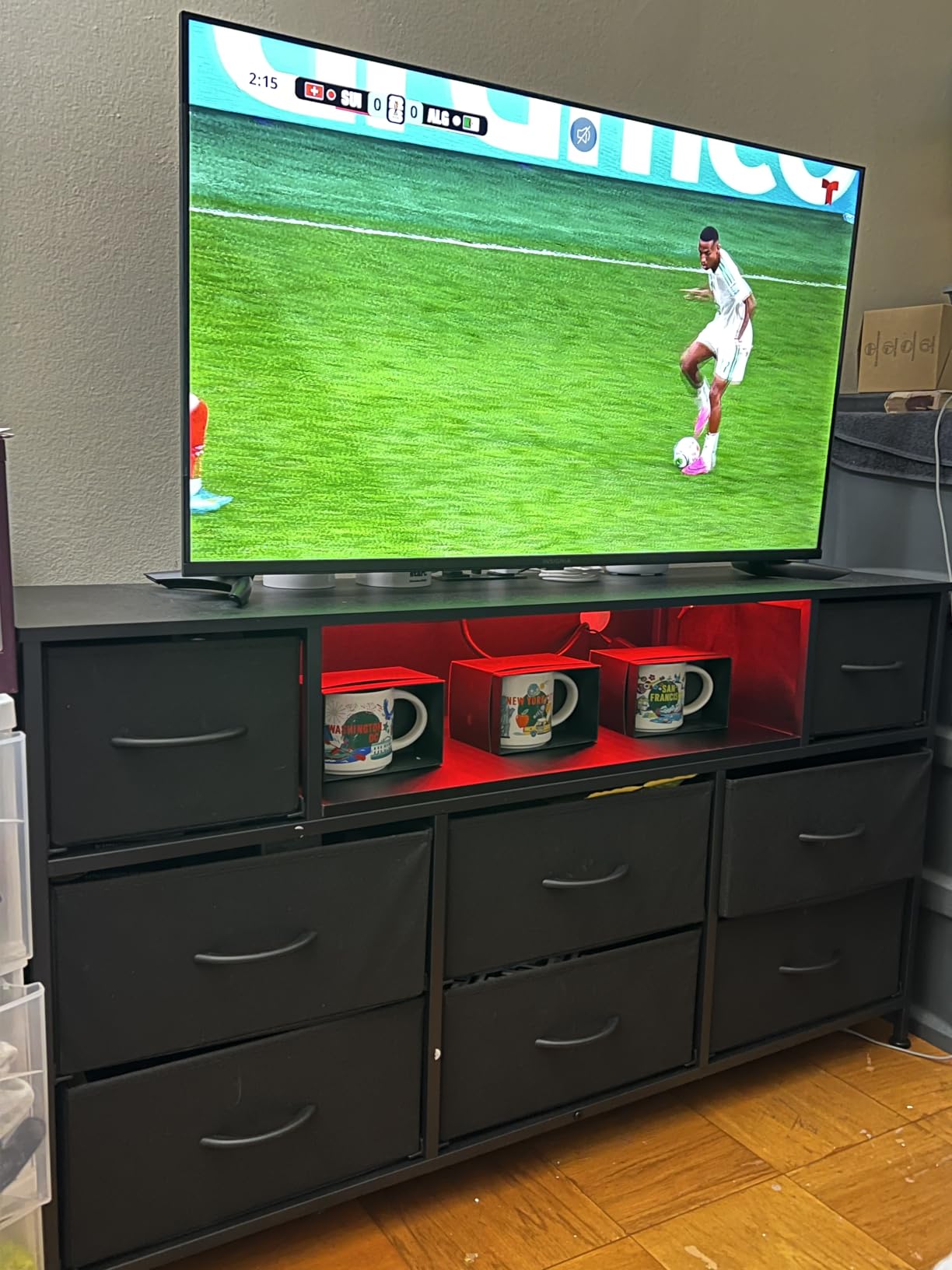 WLIVE LED Black Dresser TV Stand for 45, 50, 55 inch TV, Entertainment Center with LED Lights & Charging Station, Chest of Drawers with 8 Fabric Drawers and Open Shelves for Living Room, Hallway, Wood Top customer photo 2
