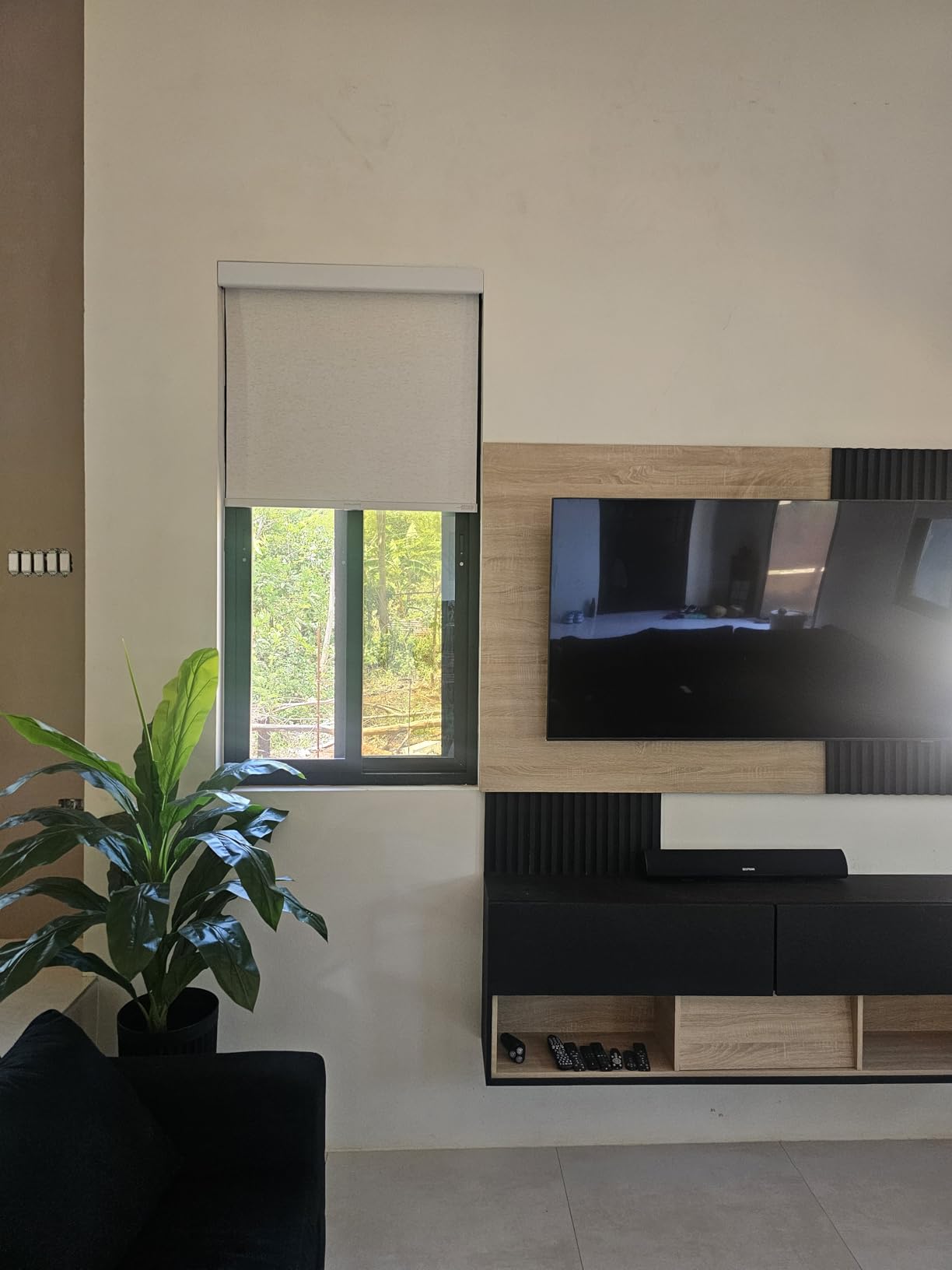 Persilux Free-Stop Cordless 100% Blackout Roller Window Shades for Home, Natural Woven Fabric UV Protection Privacy Roller Shades for Windows Blinds for Sliding Glass Doors, Bedroom, Cream 34