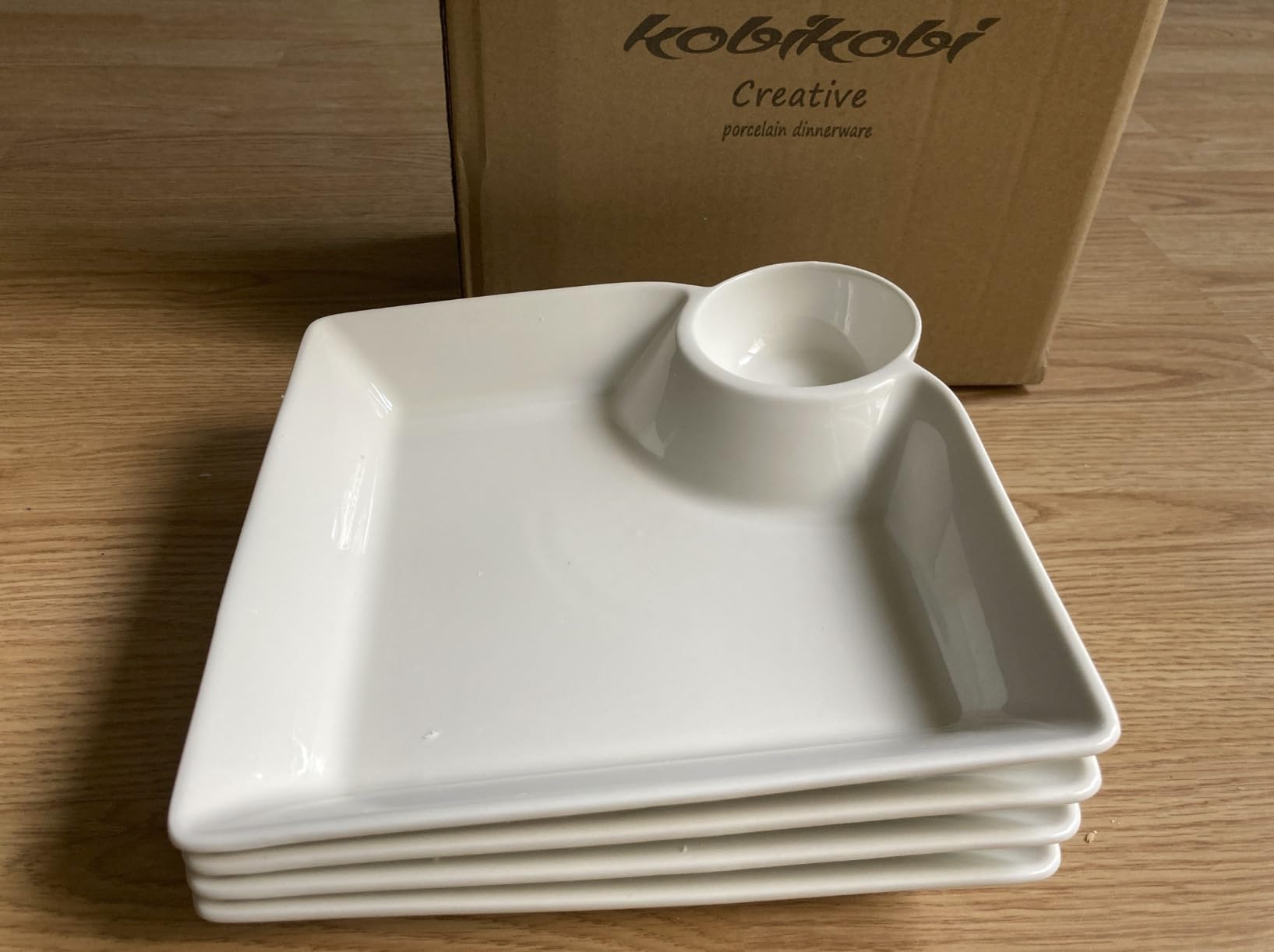 Chip and Dip Serving Platter Set of 4-8 Inch Ceramic Divided Plates with Sauce Compartment, Food-Safe Snack Plate for Dumpling, Sushi, Appetizer, Taco - White customer photo 1
