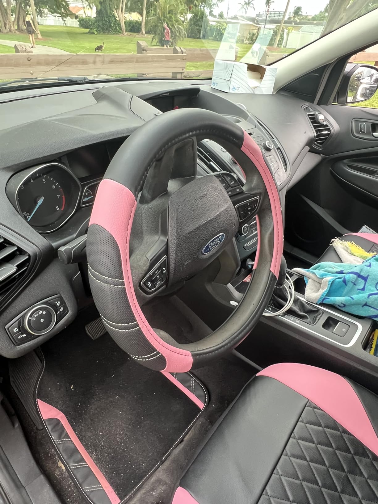 CAR PASS Air Mesh Leather Car Seat Covers Full Set, Waterproof Car Floor Mats, Sporty Steering Wheel Cover 14.5-15in, Universal Fits for 95% Cars Truck SUV (Black and Blue) customer photo 2