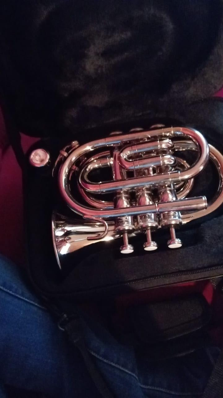Bb Pocket Trumpet - Mini Brass Instrument for Beginners, Gold Lacquer Finish with 7C Mouthpiece & Case, Ideal for Travel Marching Band Practice (Golden) customer photo 1