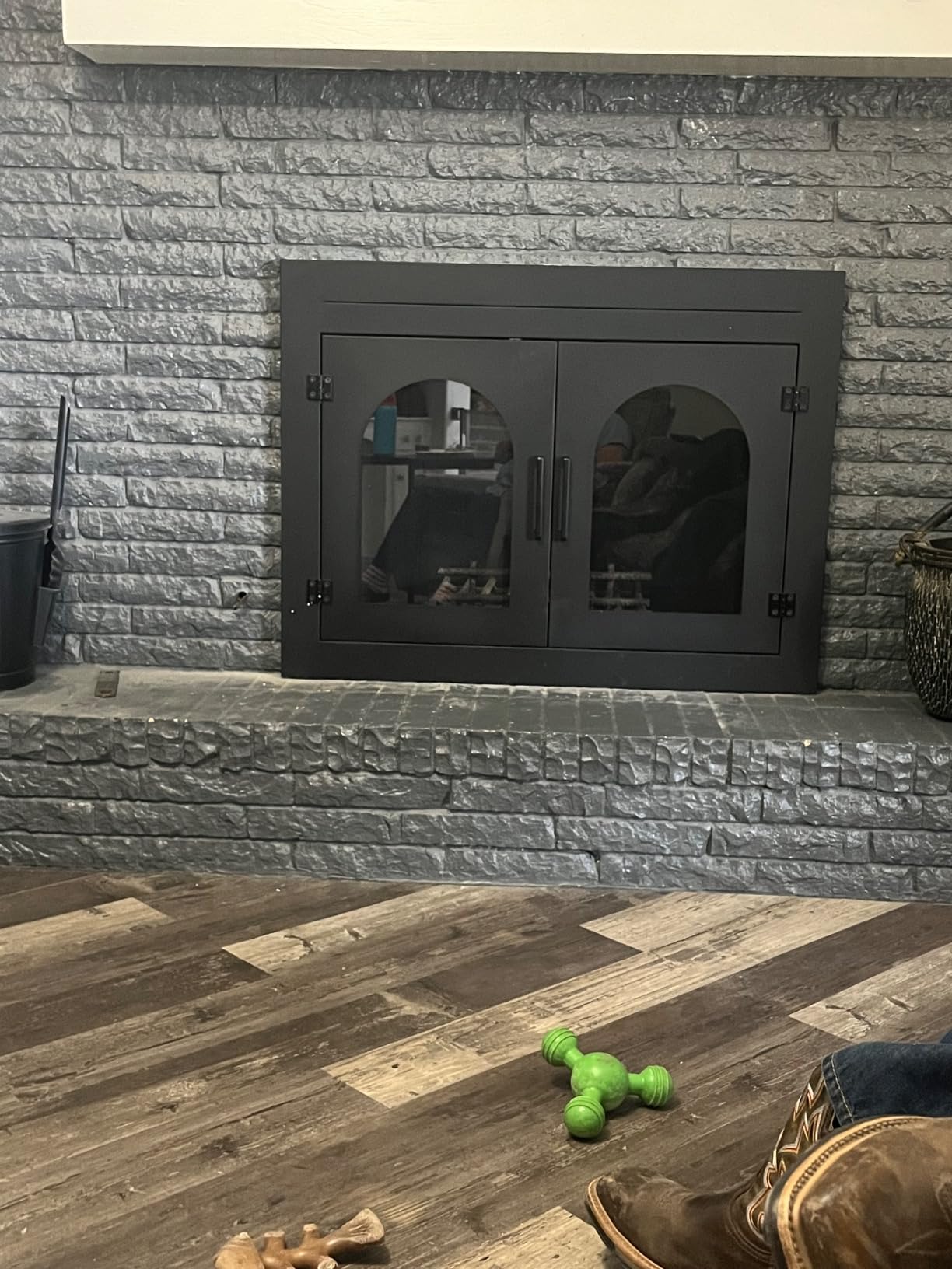 Fireplace Door with Screen and Glass Decor Iron Mesh Guard and Magnetic Panels, Small customer photo 1