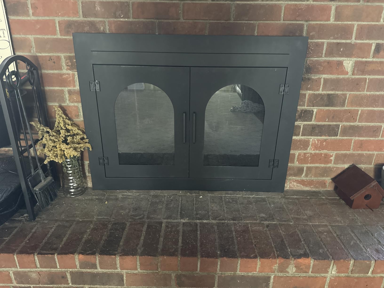 Fireplace Door with Screen and Glass Decor Iron Mesh Guard and Magnetic Panels, Small customer photo 2