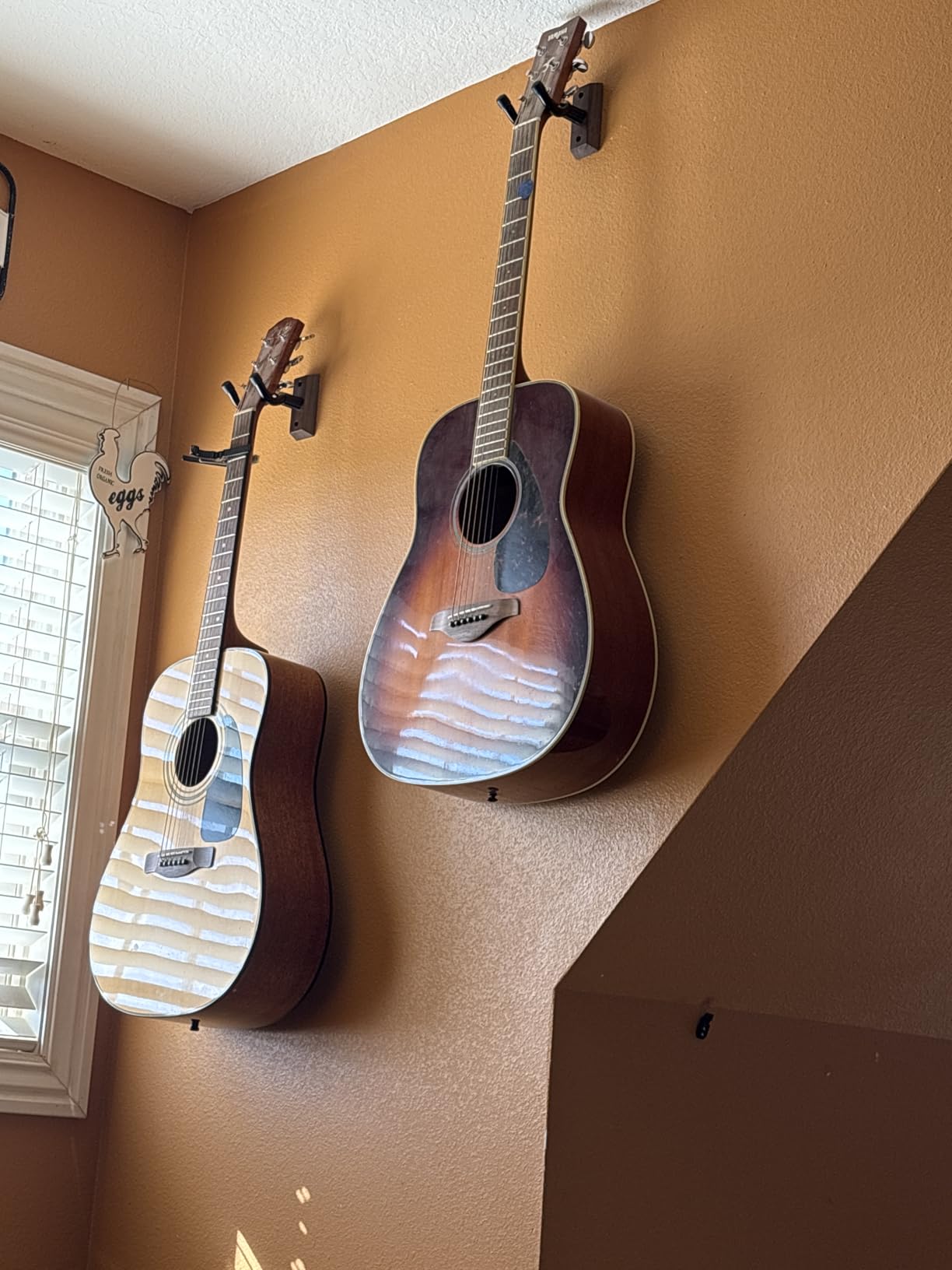 Guitar Wall Hanger 2 Pack U-Shaped Walnut Mount | Black walnut hardwood, auto-pivoting yoke, nitro-safe padding, 35 lb capacity, 6 picks and hardware included customer photo 1