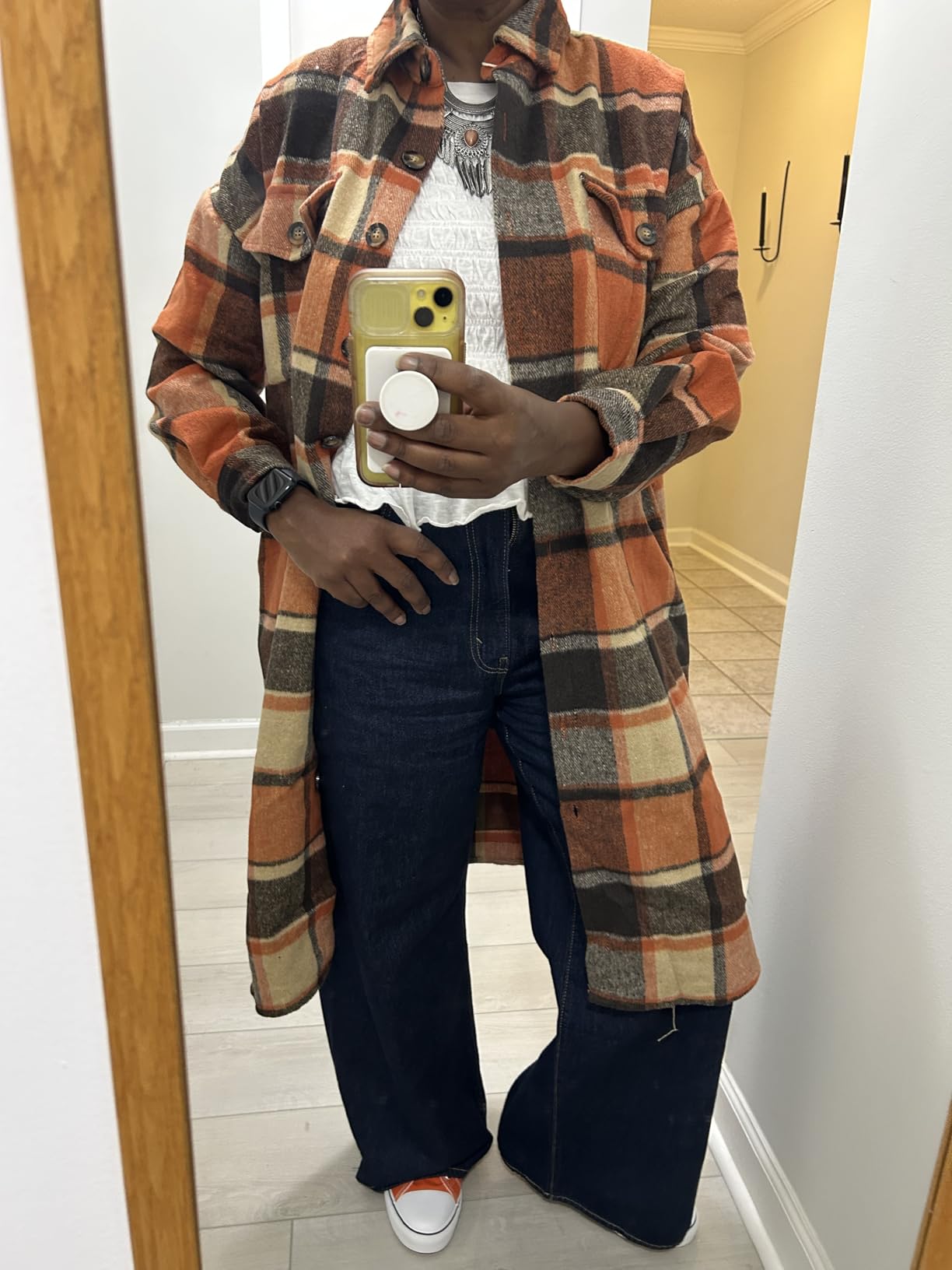 Omoone Women Oversized Plaid Shacket Long Fall Flannel Shirt Jacket customer photo 2