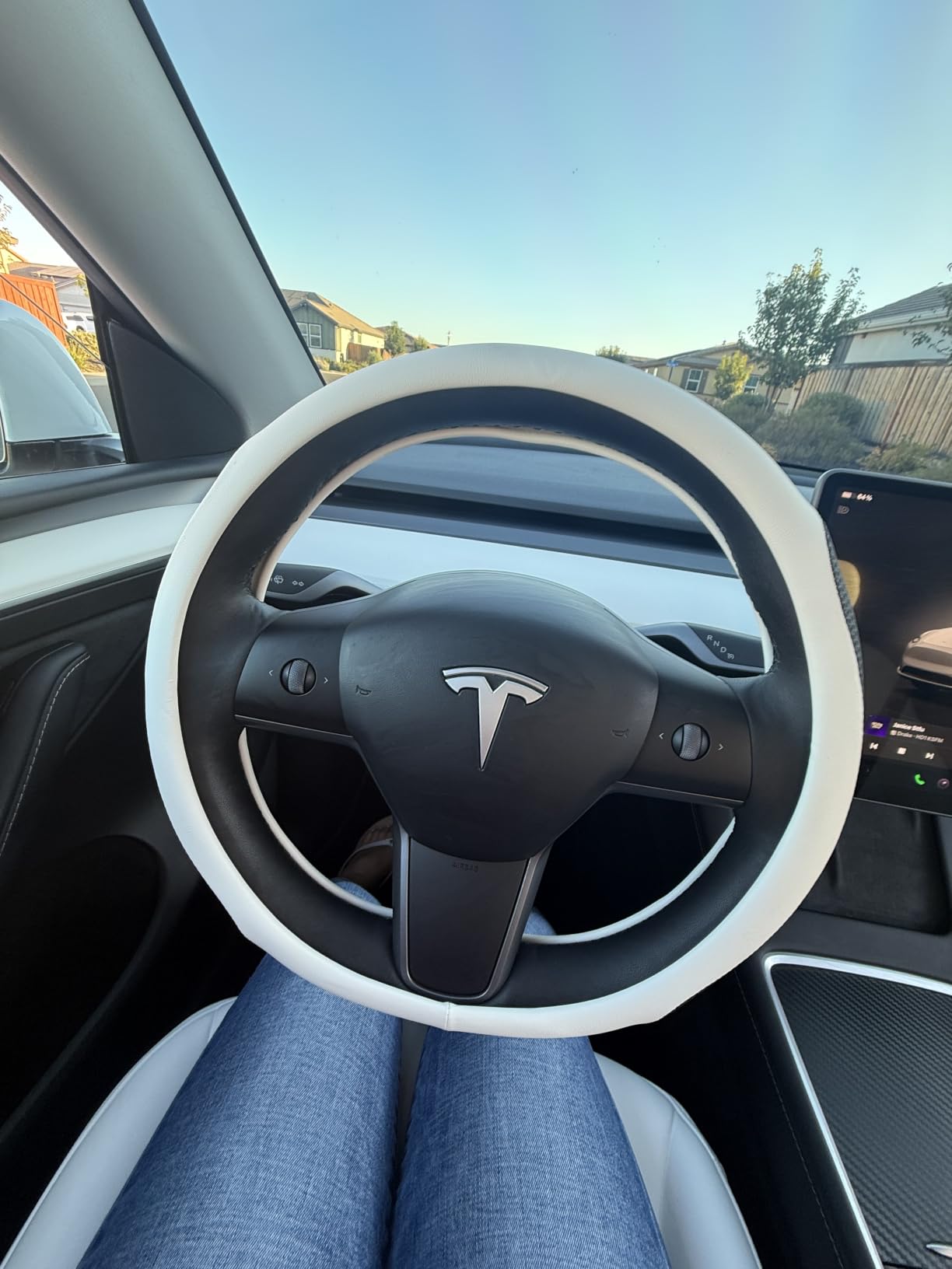 Uxcer Nappa Leather Steering Wheel Cover Compatible with Tesla Model 3/Y 2016-2025 2026 Juniper/Highland, Non-Slip Breathable Model 3/Y Steering Wheel Protector, Black customer photo 2