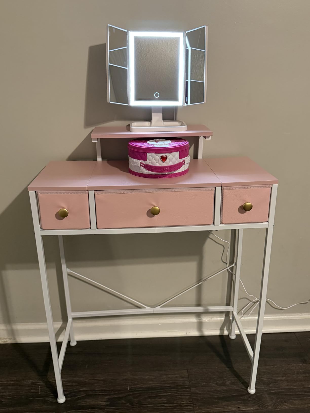 HIGDBFE Small Makeup Vanity Desk 27.5''W with Mirror and Lights, Vanity Desk with 3 Fabric Drawers and Height-Adjustable Stand, Vanity Table for Girls Gifts, Bedroom and Small Spaces, White customer photo 1