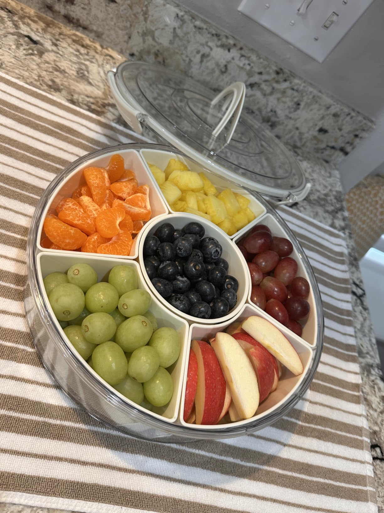 Divided Serving Tray with Lid and Handle, Stackable Snackle Box Container for Fruits Candy Organizer, Portable Spinning Rounded Veggie Tray for Kitchen, Party, Travel and Picnic - 1 PACK customer photo 2