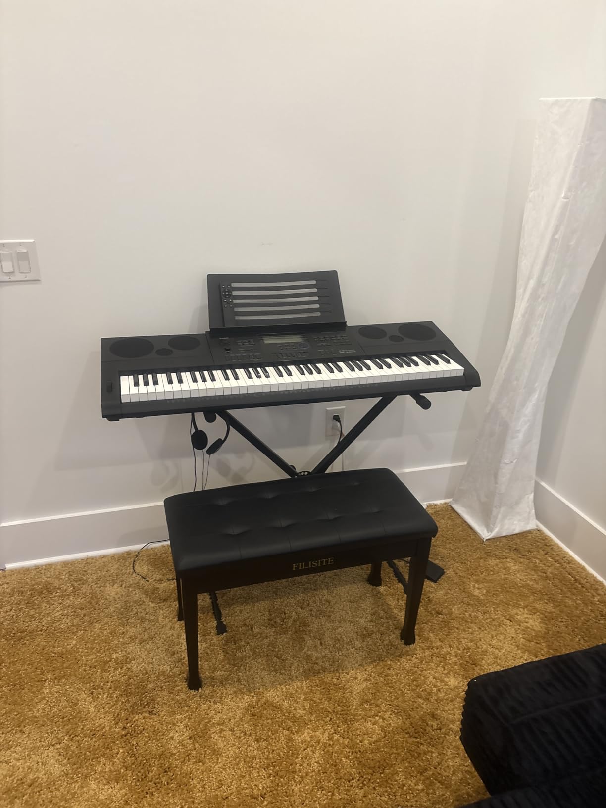Duet Piano Bench with Storage, Wooden Piano Stool with Waterproof Padded Cushion, Bench Seat for Vanity, Living Room, Bedroom (Wood) customer photo 1