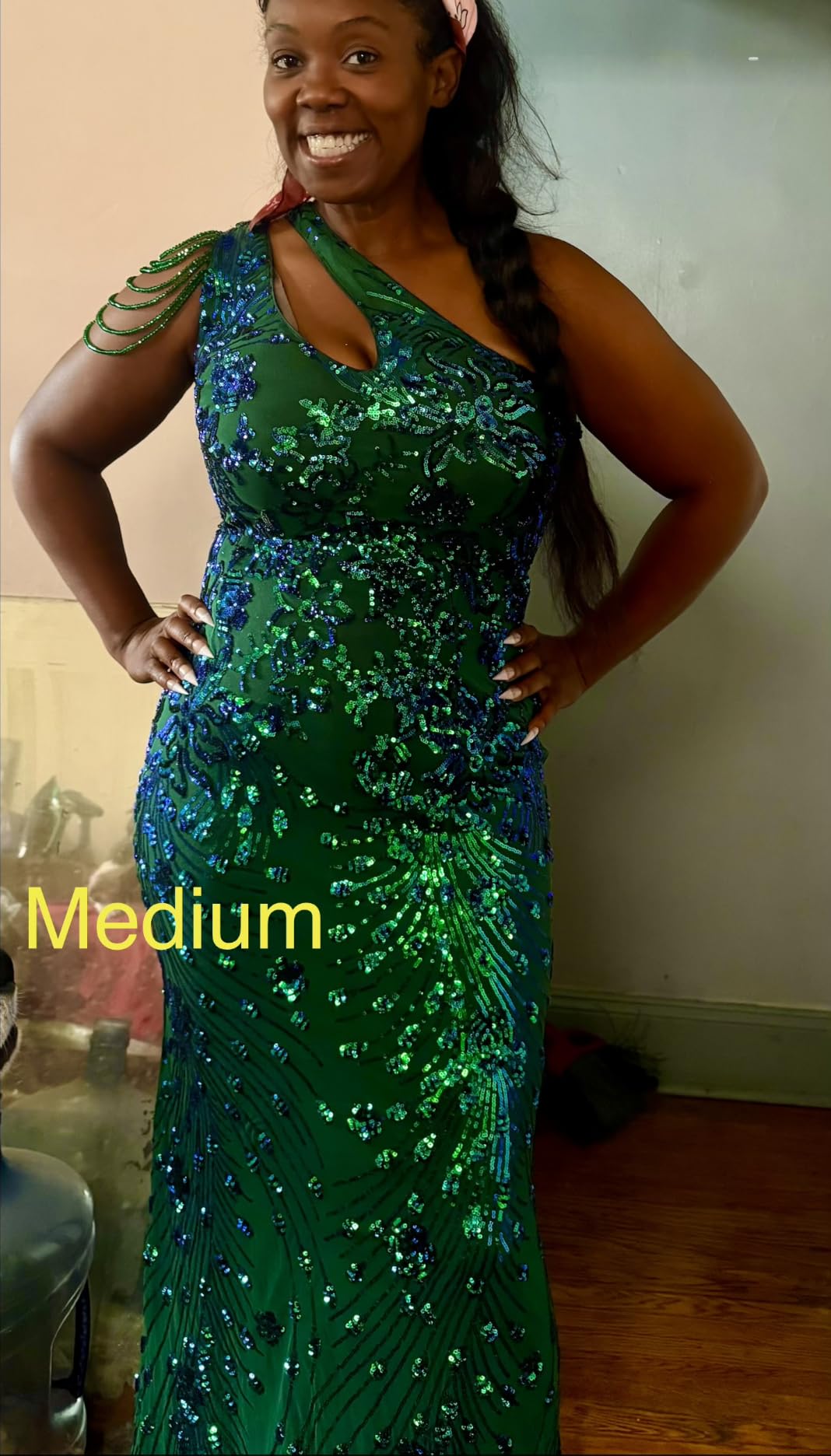 Cololura Women Sequin Elegant Sexy One Shoulder Tassel Oblique Collar Mermaid Bodycon Cocktail Evening Dress customer photo 2