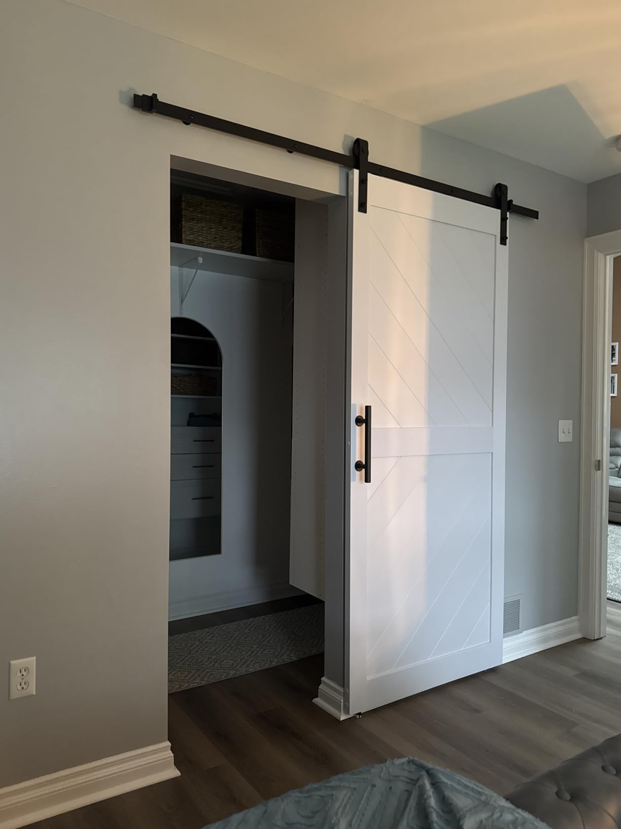 32in x 84in Sliding Barn Door with 5.5FT Barn Door Hardware Kit & Handle Included, Solid MDF Wood Slab Covered with Water-Proof & Scratch-Resistant PVC Surface, Simple DIY Assembly, Chevron Pattern customer photo 1