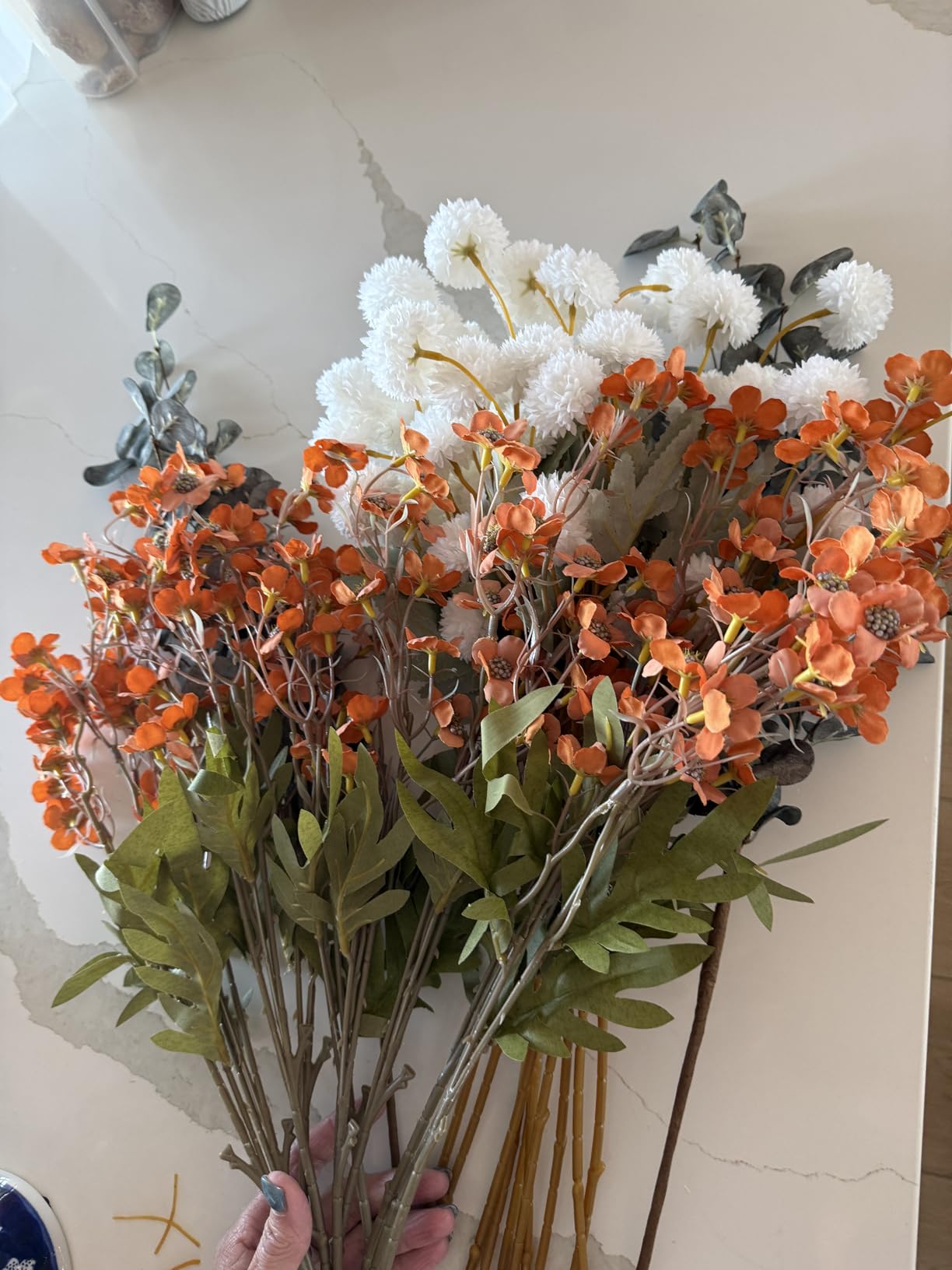 Beige Silk Flower Arrangements Decor, Large Floral Centerpieces For Tables | 22 Long Stems Fake Mums + Eucalyptus + Wild Flowers in Bulk, Artificial Flowers Coffee Dining Table Home, Faux Mums Flowers customer photo 1
