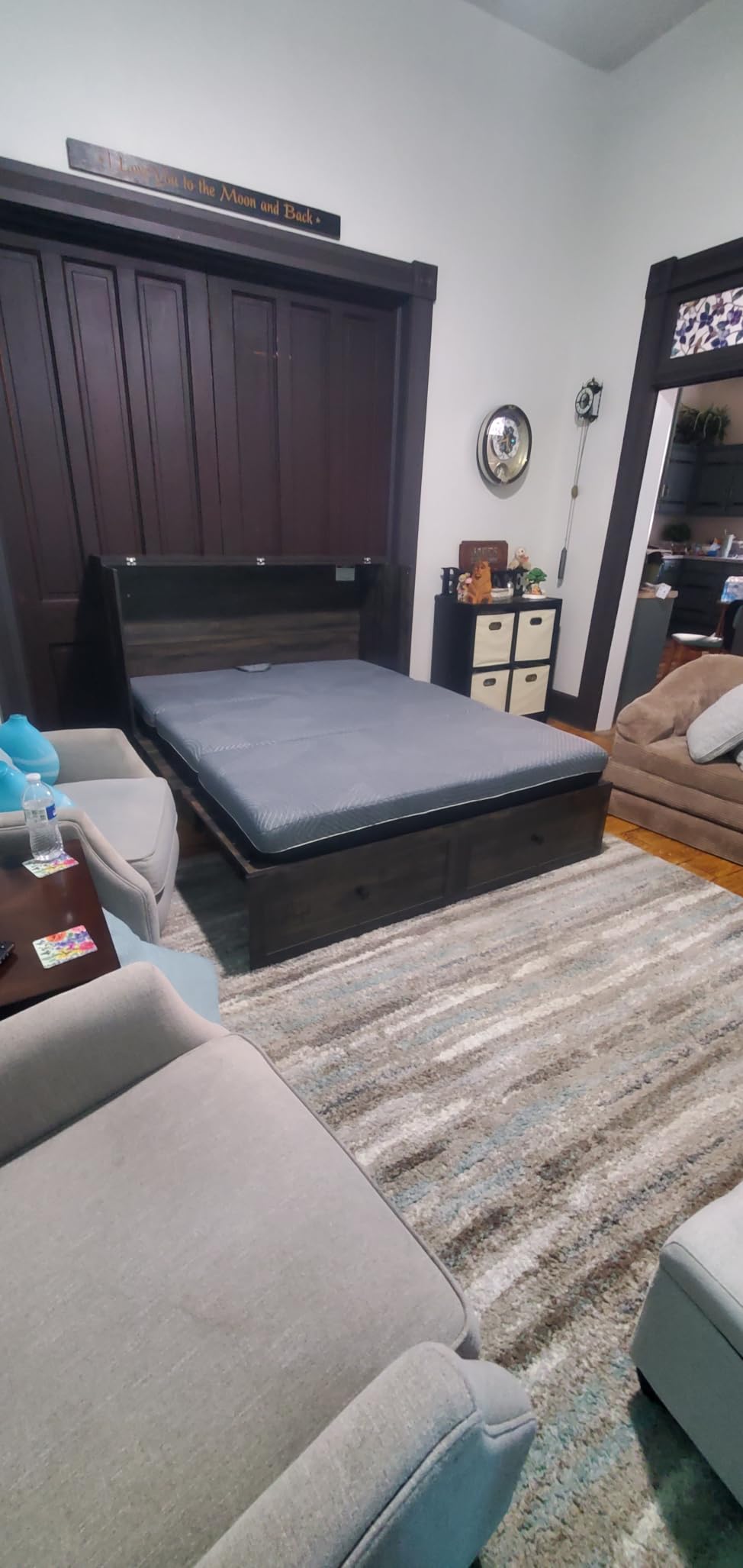 LUXOAK Queen Murphy Cabinet Bed with Storage & Charging Station, Rustic Grey Foldable Platform Bed, Farmhouse Wooden Hideaway Bed customer photo 2