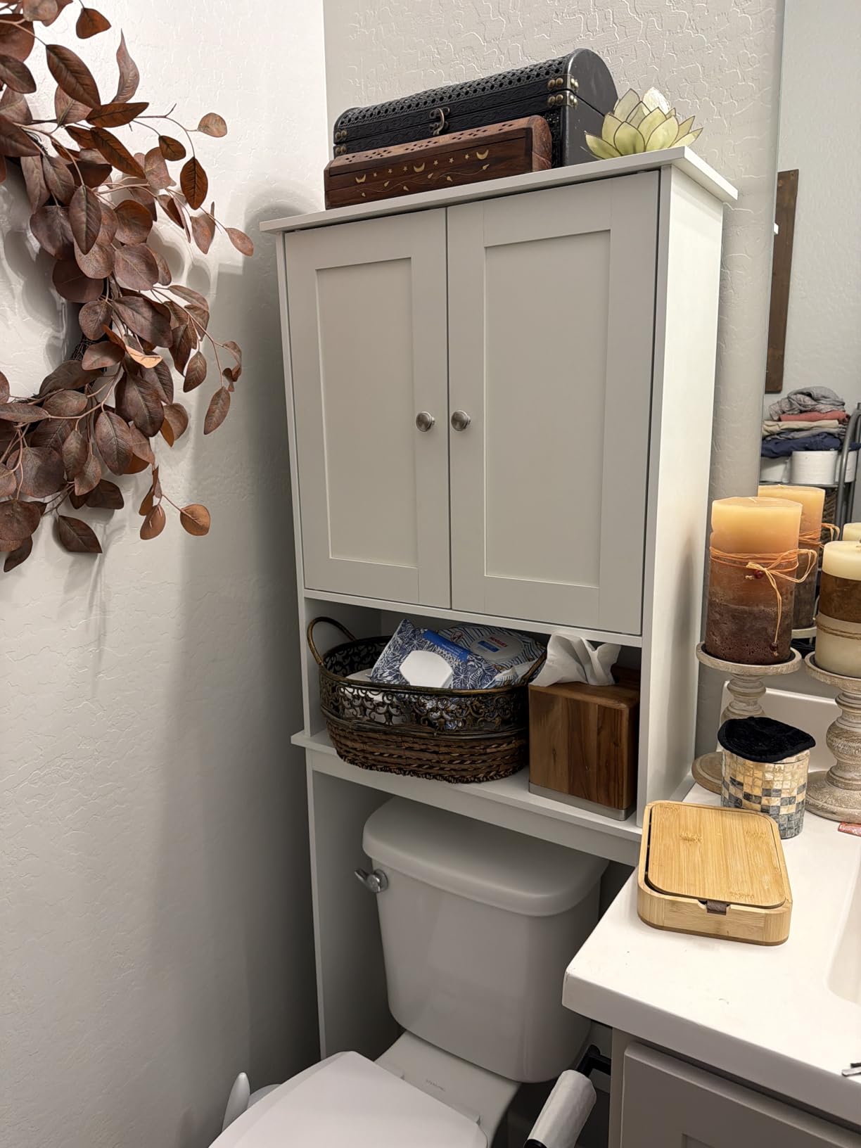 Shintenchi Over the Toilet Storage Cabinet, Bathroom Shelf Organizer with Anti-Tip Device Small Freestanding Space Saver with Adjustable Shelf, White customer photo 2
