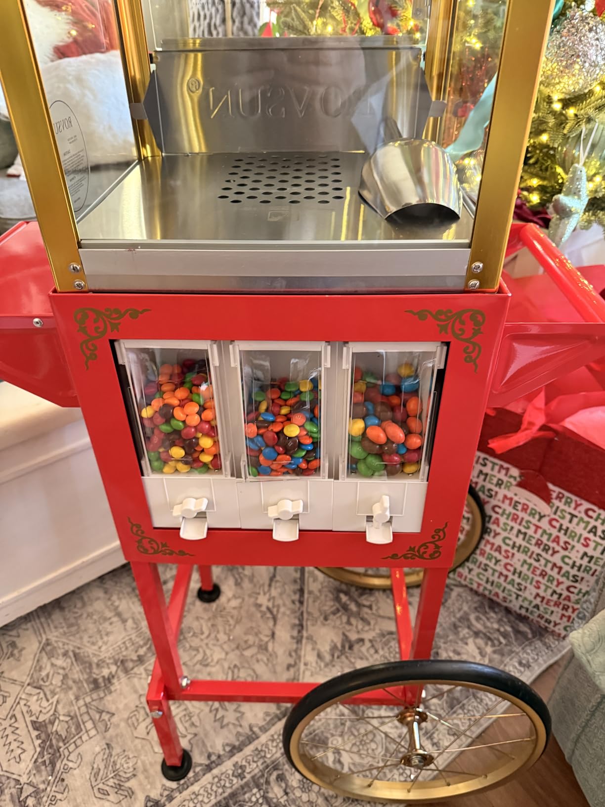 ROVSUN Popcorn Machine Cart with Candy Dispenser, 8 Oz Kettle Makes Up to 32 Cups ETL, Popcorn Maker w/Scoop, Oil Spoon, Bags & Cups, Movie Theater Style Popper for Commercial Home Party, Red customer photo 2