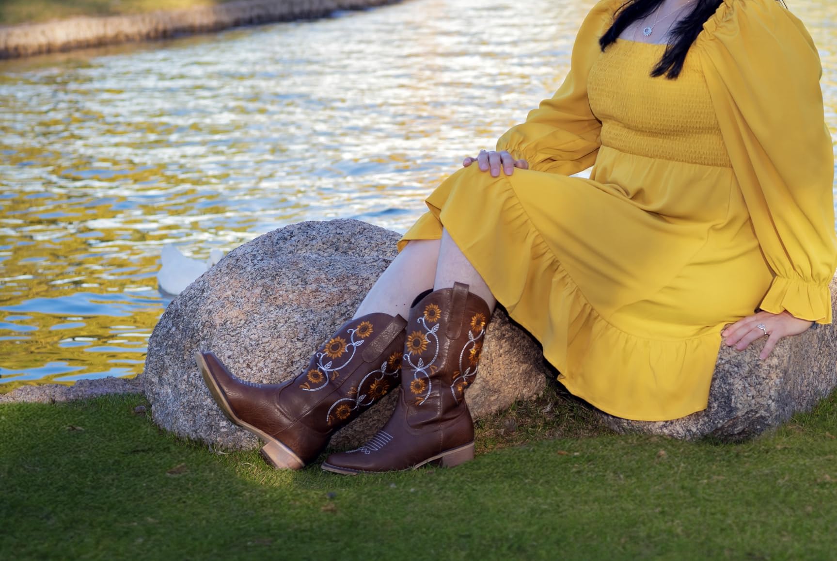 Cowboy Boots for Women - Mid Calf Western Sunflower Cowgirl Boots with Floral Embroidery, Square Toe Stitched Pull On Retro Design customer photo 1