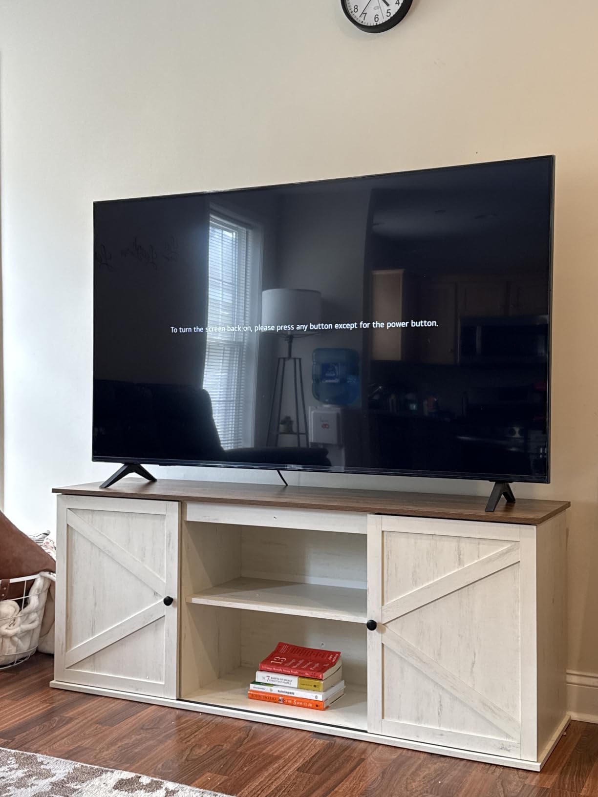 VASAGLE Farmhouse TV Stand for 80'' TV, Media Console, Sliding Barn Doors | Entertainment Center with Storage Cabinets, for Living Room, Rustic White and Honey Brown, HAINS Collection ULTV537W01 customer photo 2