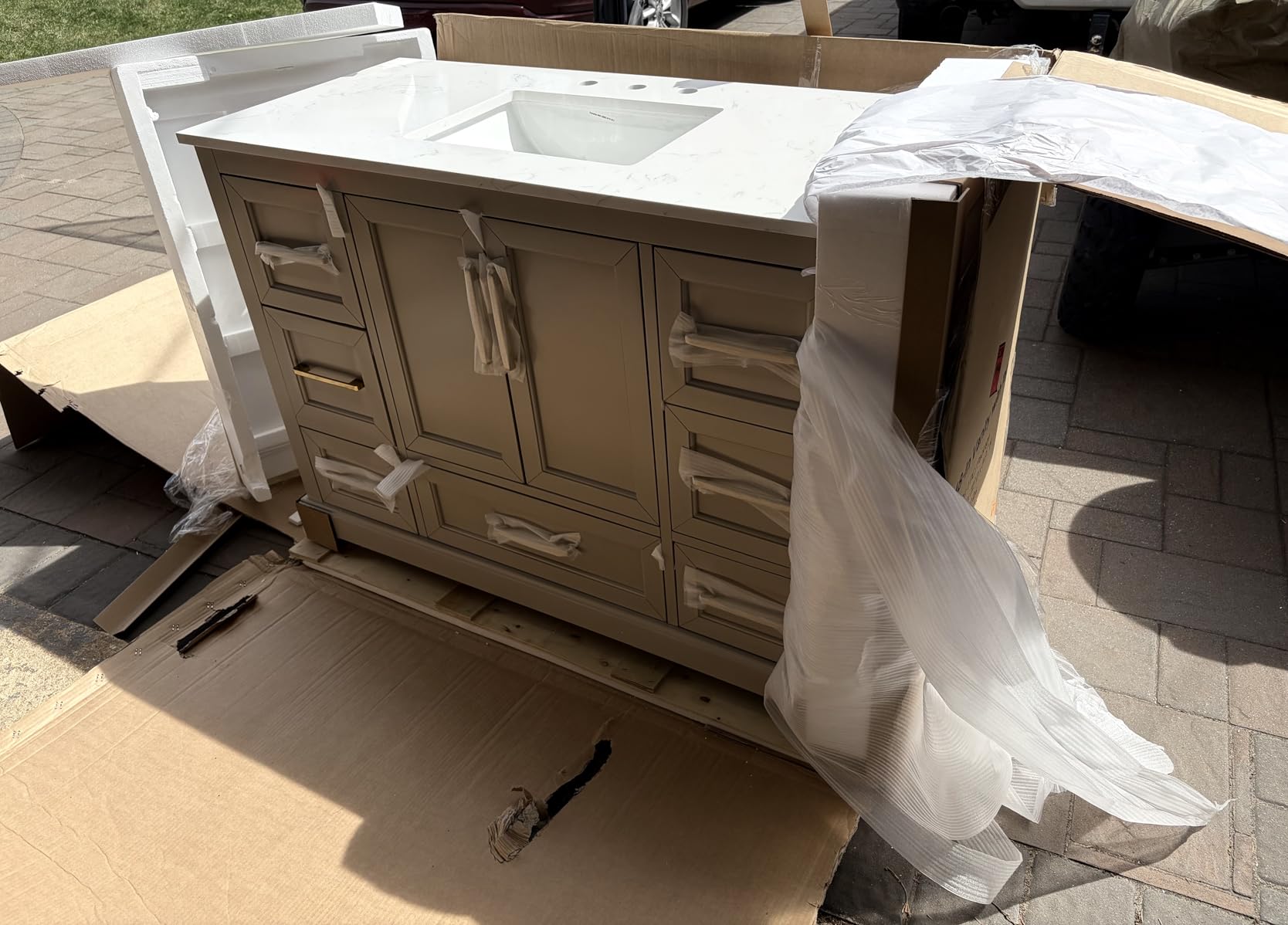 48 Inch Bathroom Vanity with Sink Combo, Solid Wood Frame with Stone Top & Backspalsh, Fully-Assembled with Soft-Closing Doors & 7 Drawers, Greige customer photo 1