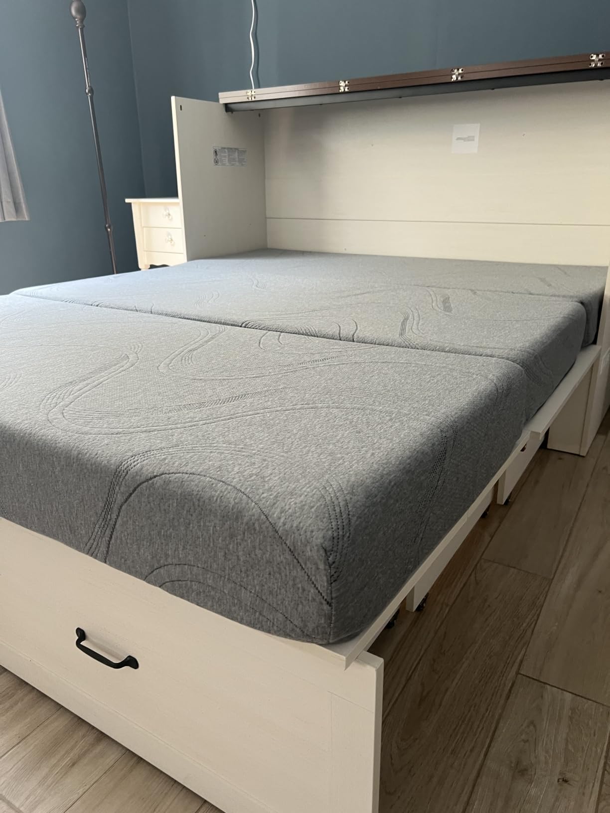Hlivelood Queen Size Murphy Chest Bed with Drawer and Charging Station, Farmhouse Wood Space-Saving Hidden Folding Bed Chest, Multifunctional Storage Cabinet Beds for Bedroom, Office, Rustic White customer photo 1