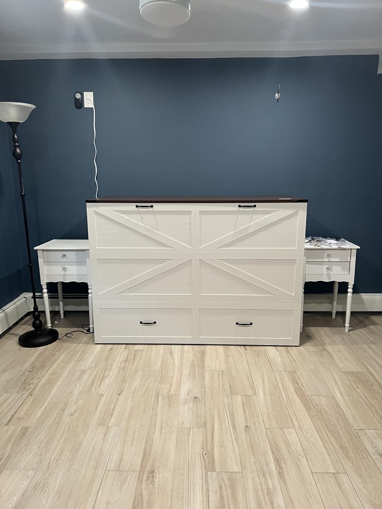 Hlivelood Queen Size Murphy Chest Bed with Drawer and Charging Station, Farmhouse Wood Space-Saving Hidden Folding Bed Chest, Multifunctional Storage Cabinet Beds for Bedroom, Office, Rustic White customer photo 2