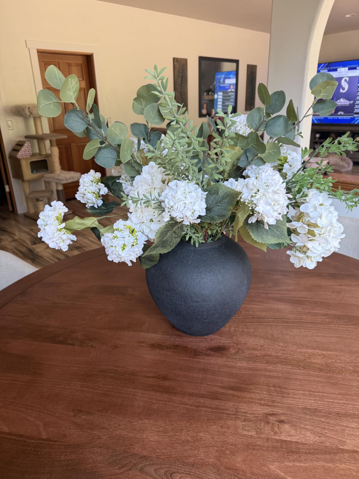 Real Touch White Faux Hydrangea And Eucalyptus Arrangement, Faux Floral Arrangements, Hyper Realistic Artificial Flowers, White Centerpieces For Kitchen Dining Coffee Table Decor (Vase Not Included) customer photo 1