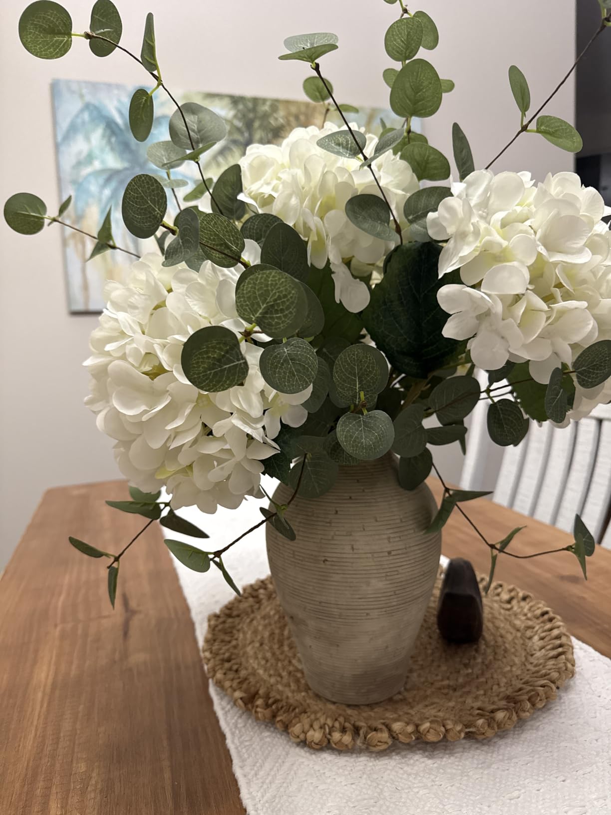 Real Touch White Faux Hydrangea And Eucalyptus Arrangement, Faux Floral Arrangements, Hyper Realistic Artificial Flowers, White Centerpieces For Kitchen Dining Coffee Table Decor (Vase Not Included) customer photo 2
