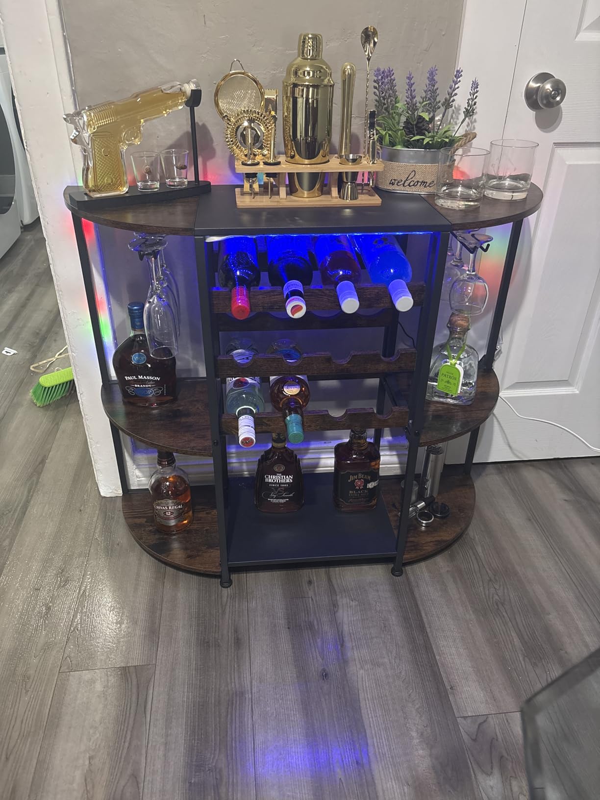 JKsmart Wine Bar Cabinet with LED Lights, Mini Wine Bar Cart with Storage and Glass Holder, Home Bar Coffee Bar for Liquor, 3-Tier Bar Table for Kitchen, Dining Room, Living Room, Black customer photo 1