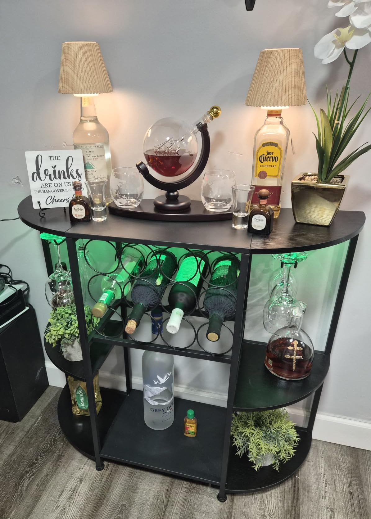 JKsmart Wine Bar Cabinet with LED Lights, Mini Wine Bar Cart with Storage and Glass Holder, Home Bar Coffee Bar for Liquor, 3-Tier Bar Table for Kitchen, Dining Room, Living Room, Black customer photo 2