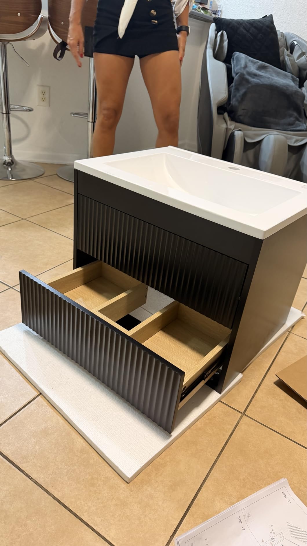 24 Inches Modern MDF Bathroom Vanity with Sink, Wall Mounted Floating Cabinets w/Double Drawers, Black Handles, White Resin Sink Combo Set (Black, 24