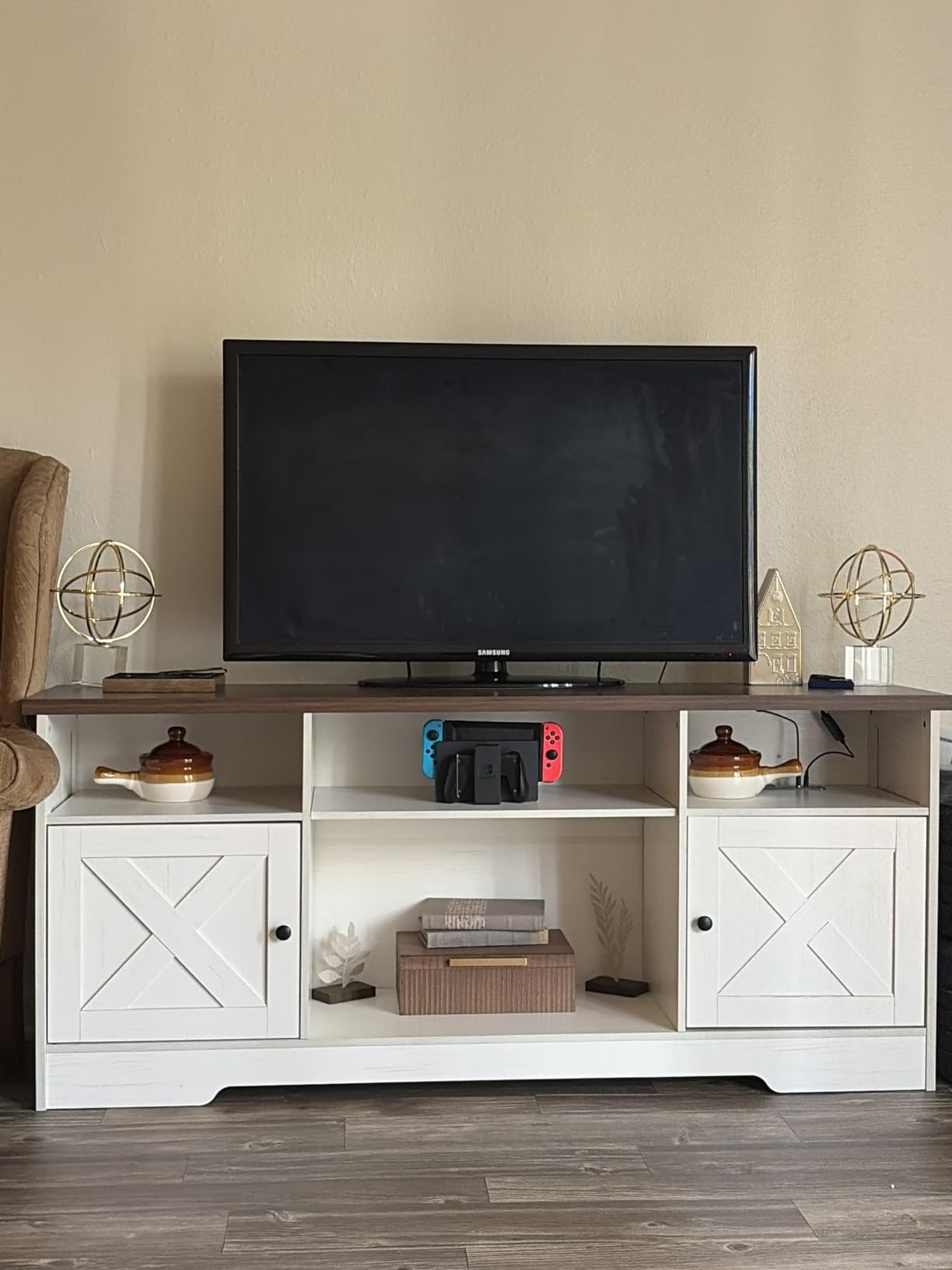 Casaottima TV Stand for 65 Inch TV, Entertainment Center, Walnut | Farmhouse Entertainment Center, Power Outlet & LED Light, Storage Cabinets, Media Furniture for Living Room, Bedroom customer photo 1