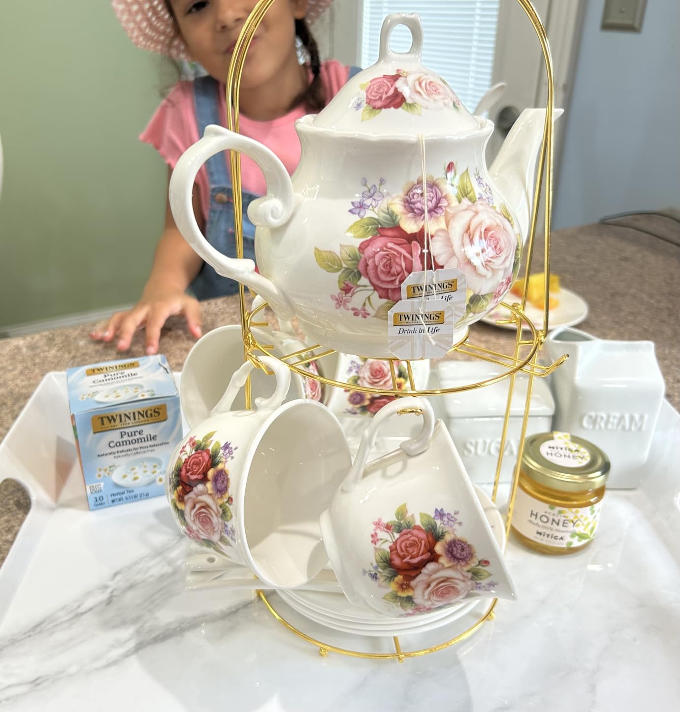 20-Pieces Porcelain Tea Sets For Women, Tea Set For Adult with Golden Metal Rack, Tea Gift Sets for Home & Party customer photo 2