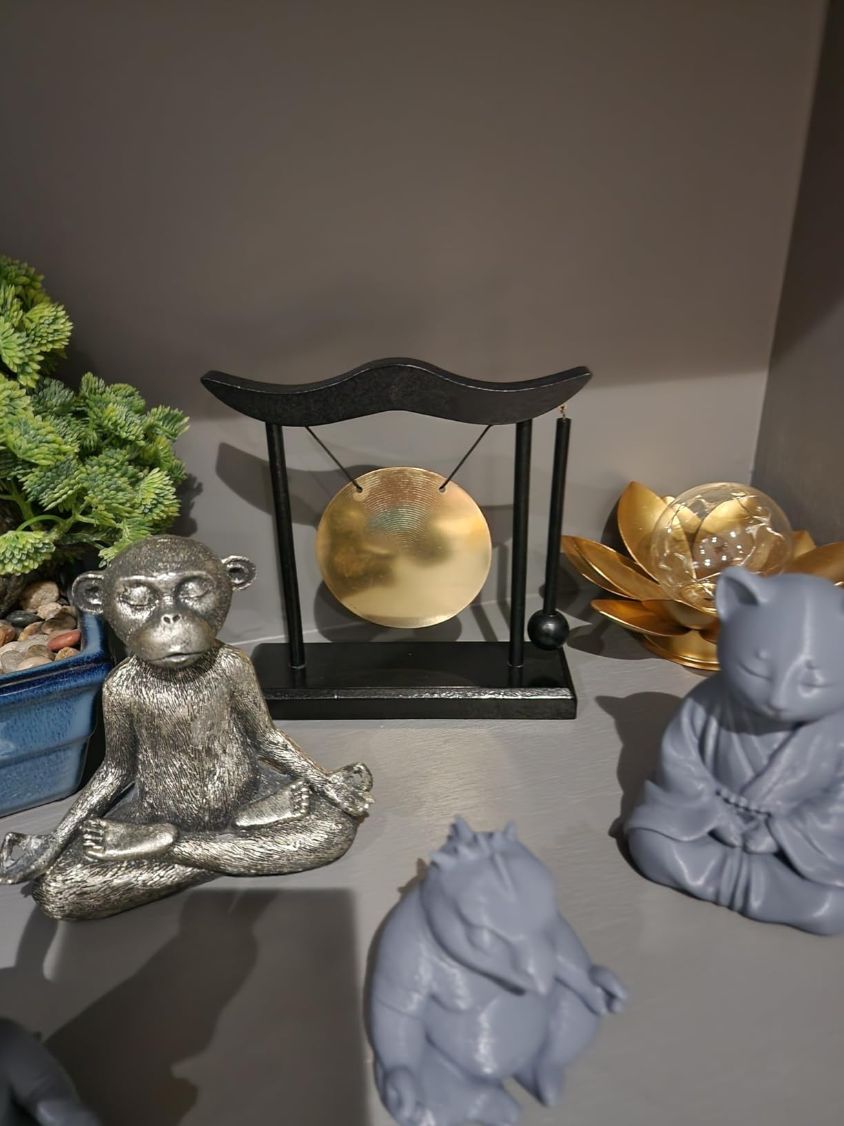 Mini Gong with Wood Stand and Mallet, Feng Shui Desktop Decor, 6.4 in | Brass Gong with Bright, High Pitched Ring, Decorative Sound Cue for Offices, Meditation Spaces, and Gatherings customer photo 1