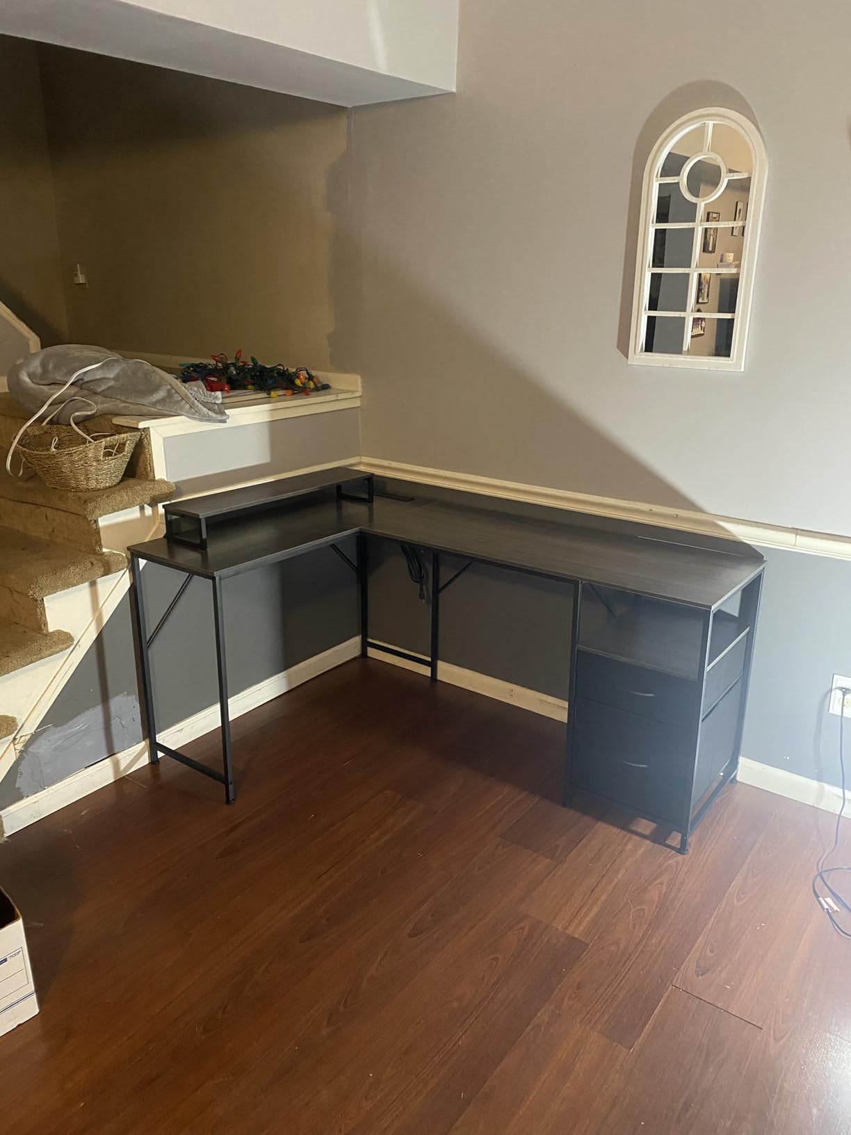 PRAISUN 63 Inch L Shaped Desk with Power Outlets and USB-C Port, Computer Corner Home Office Desk with File Fabric Drawers and Movable Monitor Stand, Larger Storage, Gaming, Writing, Rustic Brown customer photo 1
