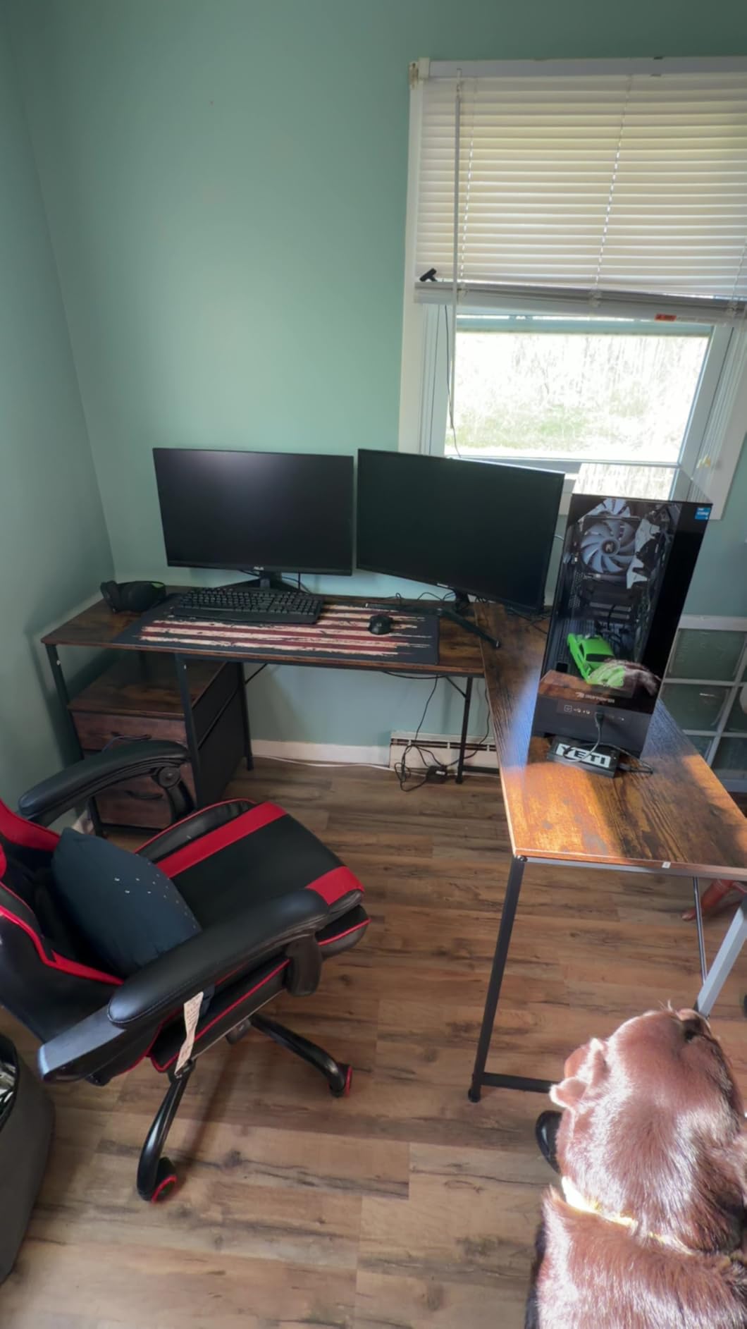 PRAISUN 63 Inch L Shaped Desk with Power Outlets and USB-C Port, Computer Corner Home Office Desk with File Fabric Drawers and Movable Monitor Stand, Larger Storage, Gaming, Writing, Rustic Brown customer photo 2