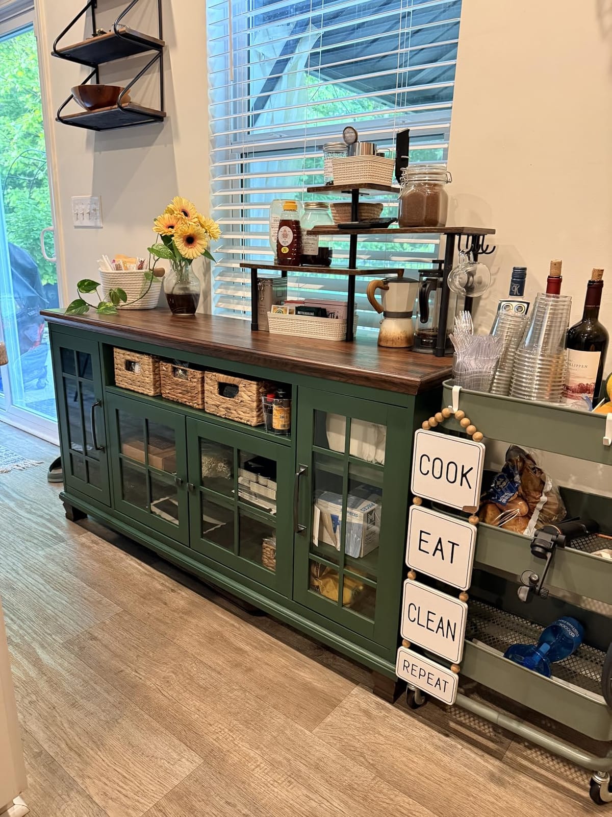 SAVOR LIFE 60-Inch Sideboard Buffet Cabinet with Glass Doors, Walnut | Vintage walnut finish, 4 glass doors, adjustable shelves, open cubby, and solid wood legs for dining rooms and coffee bars customer photo 1