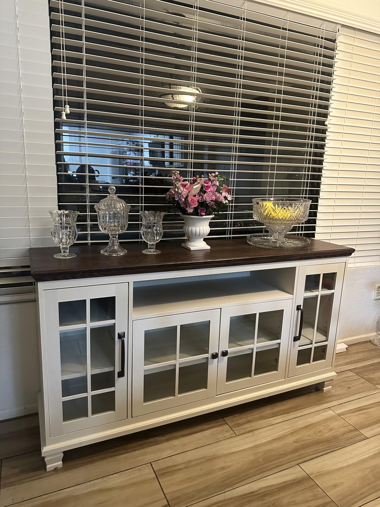 SAVOR LIFE 60-Inch Sideboard Buffet Cabinet with Glass Doors, Walnut | Vintage walnut finish, 4 glass doors, adjustable shelves, open cubby, and solid wood legs for dining rooms and coffee bars customer photo 2